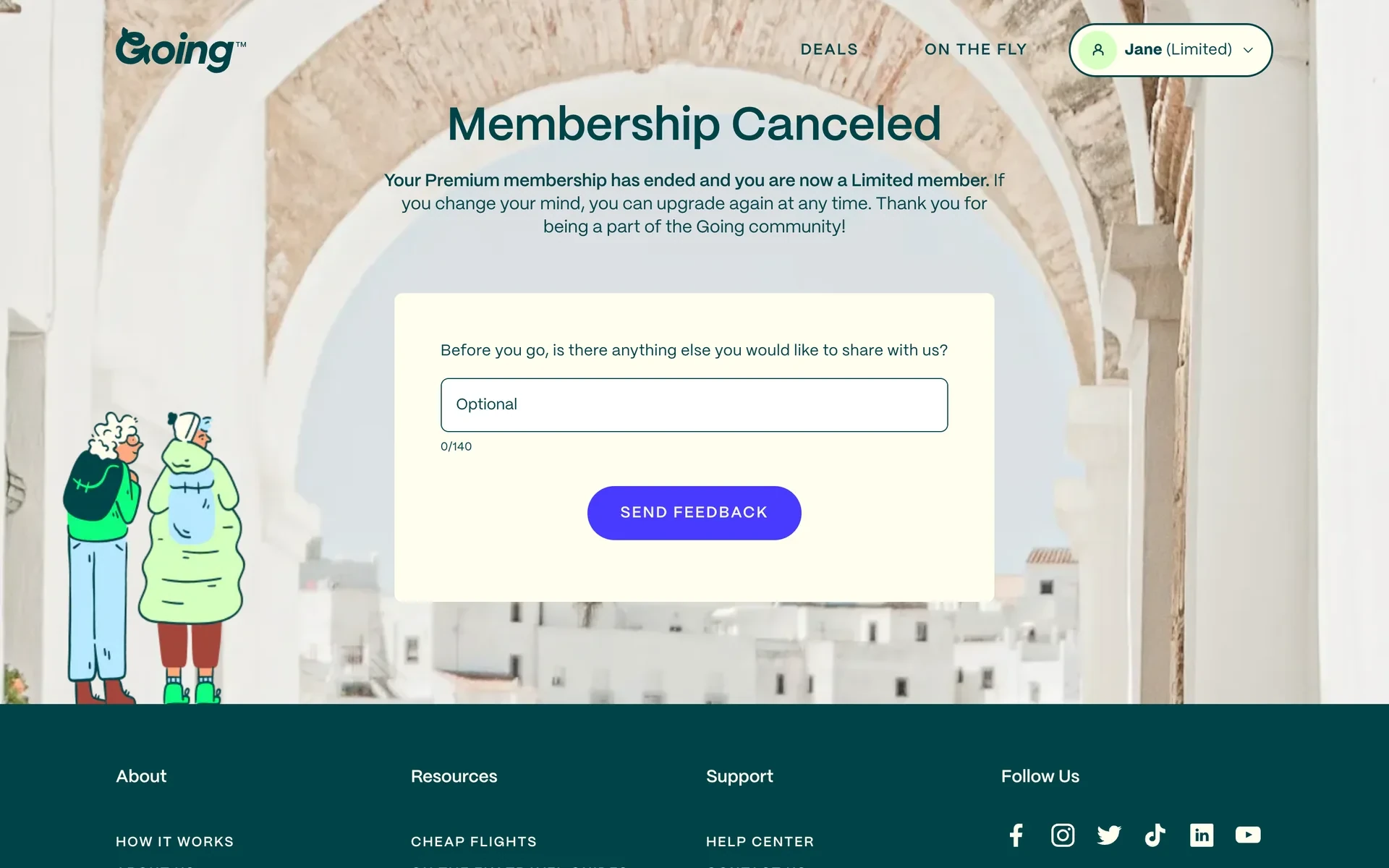 Going confirmation page headed Membership Canceled stating the Premium membership has ended and the account is now Limited, with an optional 0/140 character feedback box and a SEND FEEDBACK button