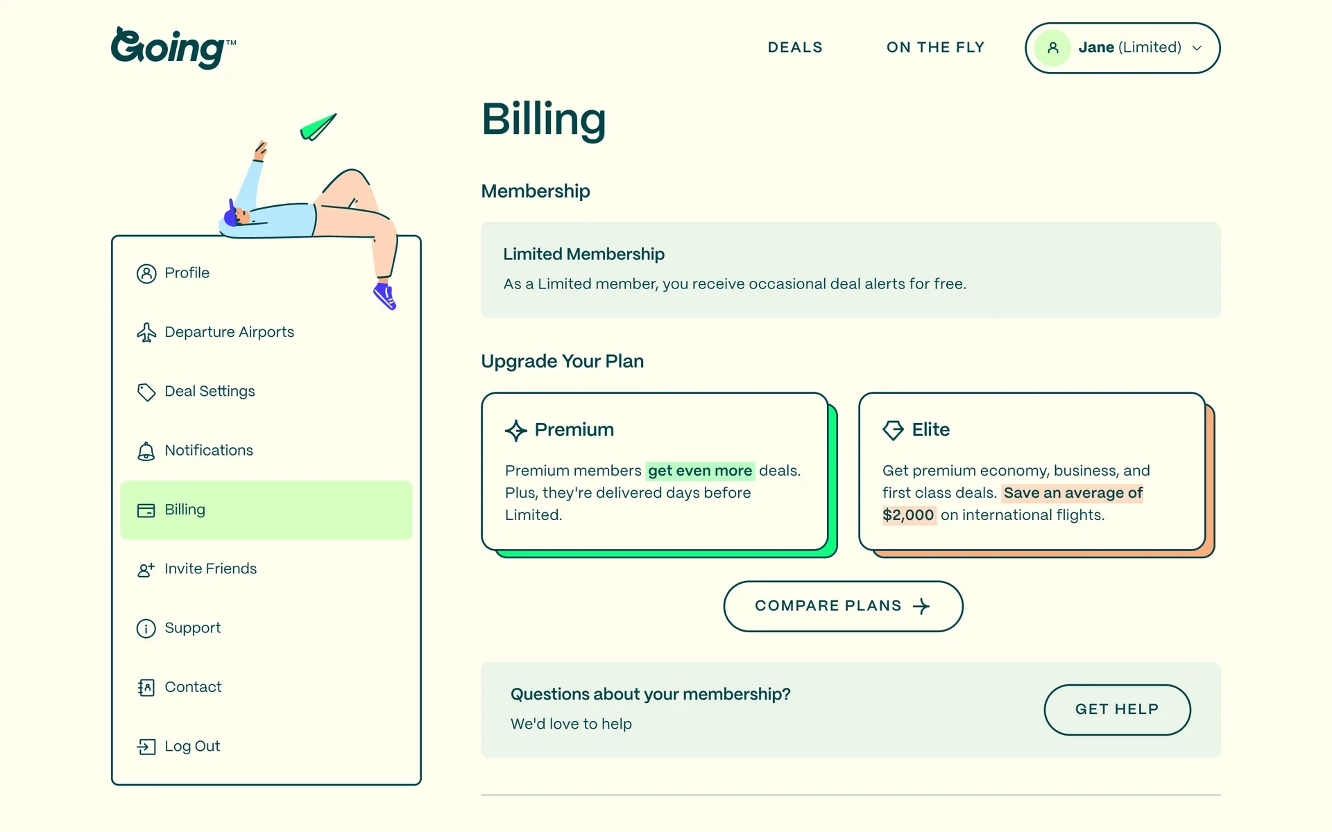 Going Billing page after cancellation showing a Limited Membership card describing free occasional deal alerts, with Premium and Elite upgrade cards and a Compare Plans button underneath