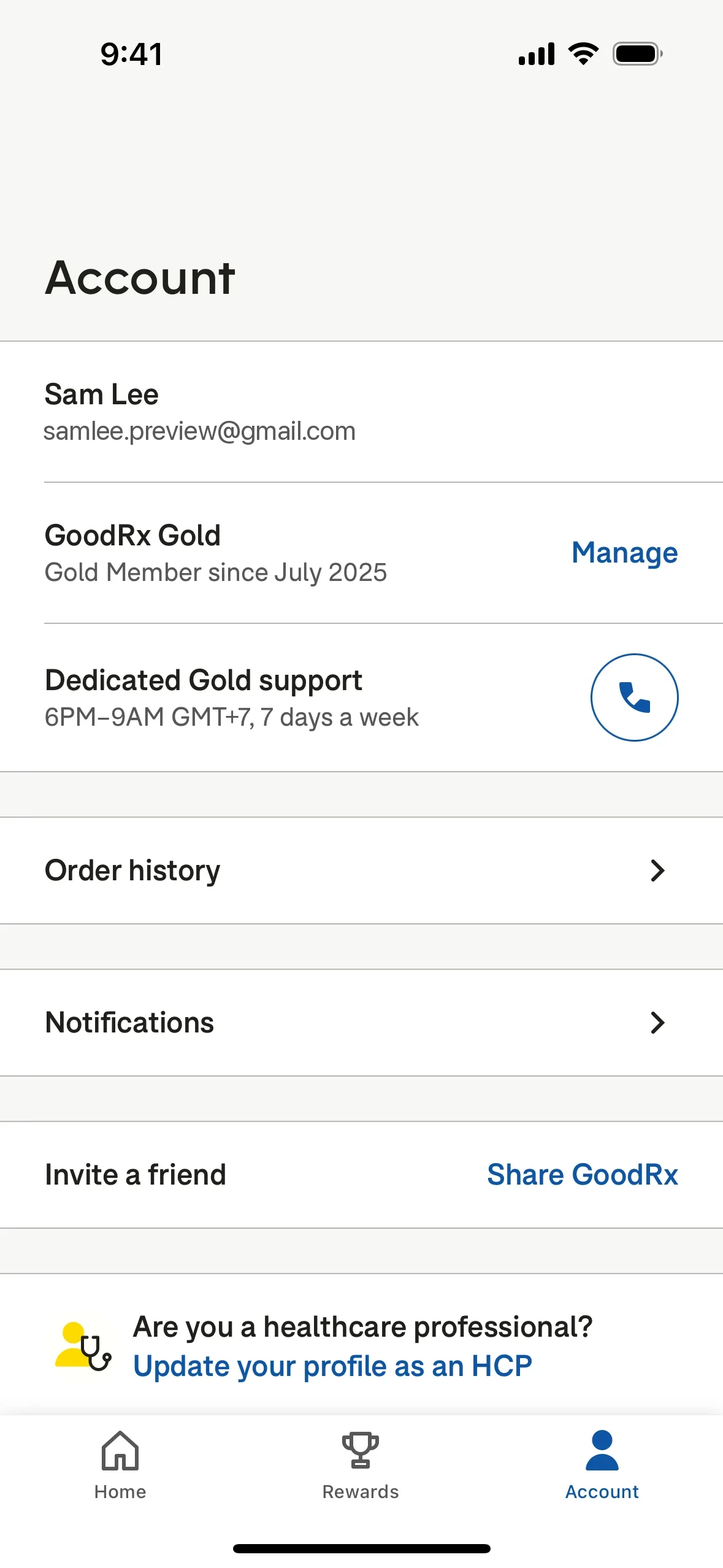 GoodRx app Account tab showing the member name and email address, a GoodRx Gold row reading "Gold Member since July 2025" with a blue Manage link, a Dedicated Gold support row with a phone icon, then Order history, Notifications, and Invite a friend