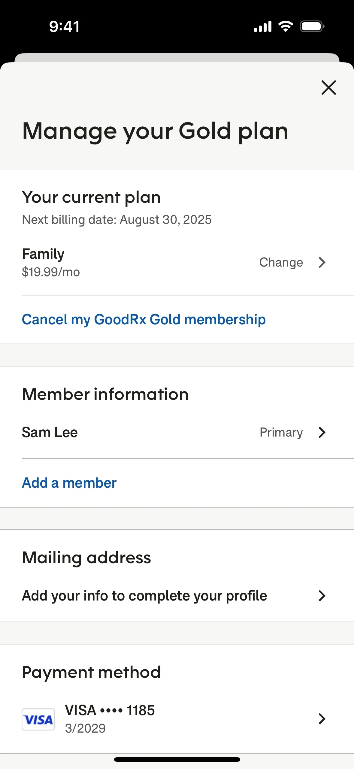 The "Manage your Gold plan" sheet showing "Your current plan" with "Next billing date: August 30, 2025", a Family plan at $19.99/mo with a Change link, the blue "Cancel my GoodRx Gold membership" link, then Member information, Mailing address, and a VISA payment method ending 1185
