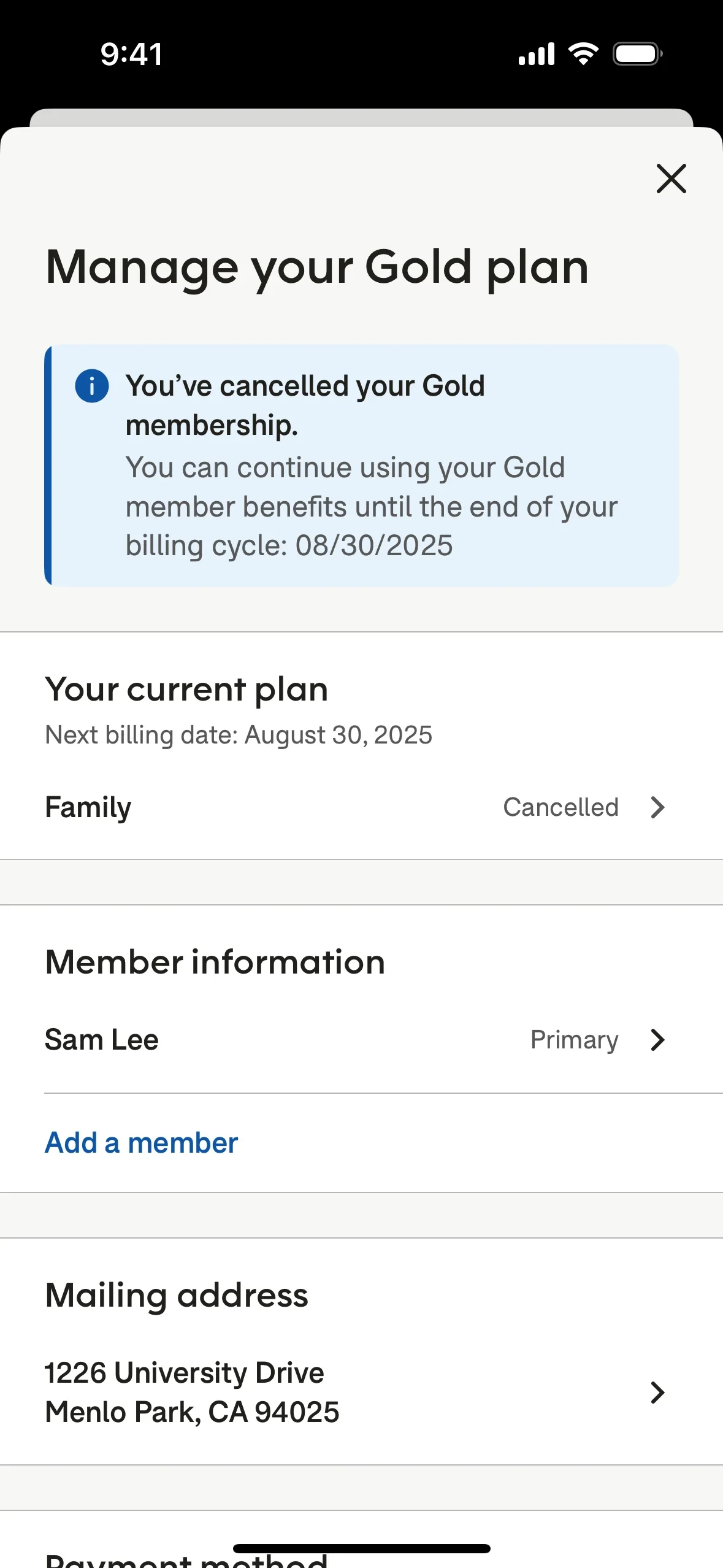 The "Manage your Gold plan" sheet with a blue information banner reading "You've cancelled your Gold membership. You can continue using your Gold member benefits until the end of your billing cycle: 08/30/2025" and the Family plan row now showing Cancelled instead of a monthly price