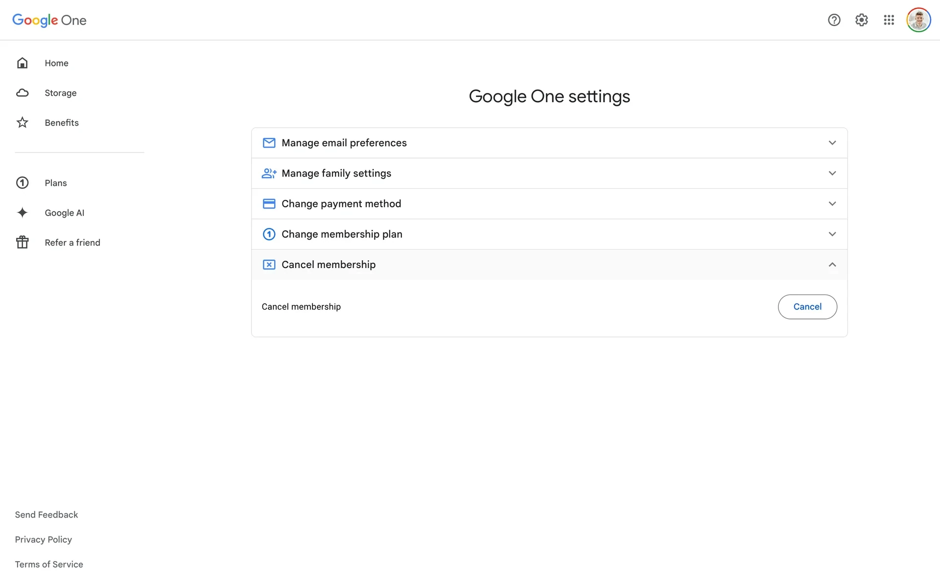 Google One settings page with the Cancel membership row expanded and a Cancel button on the right