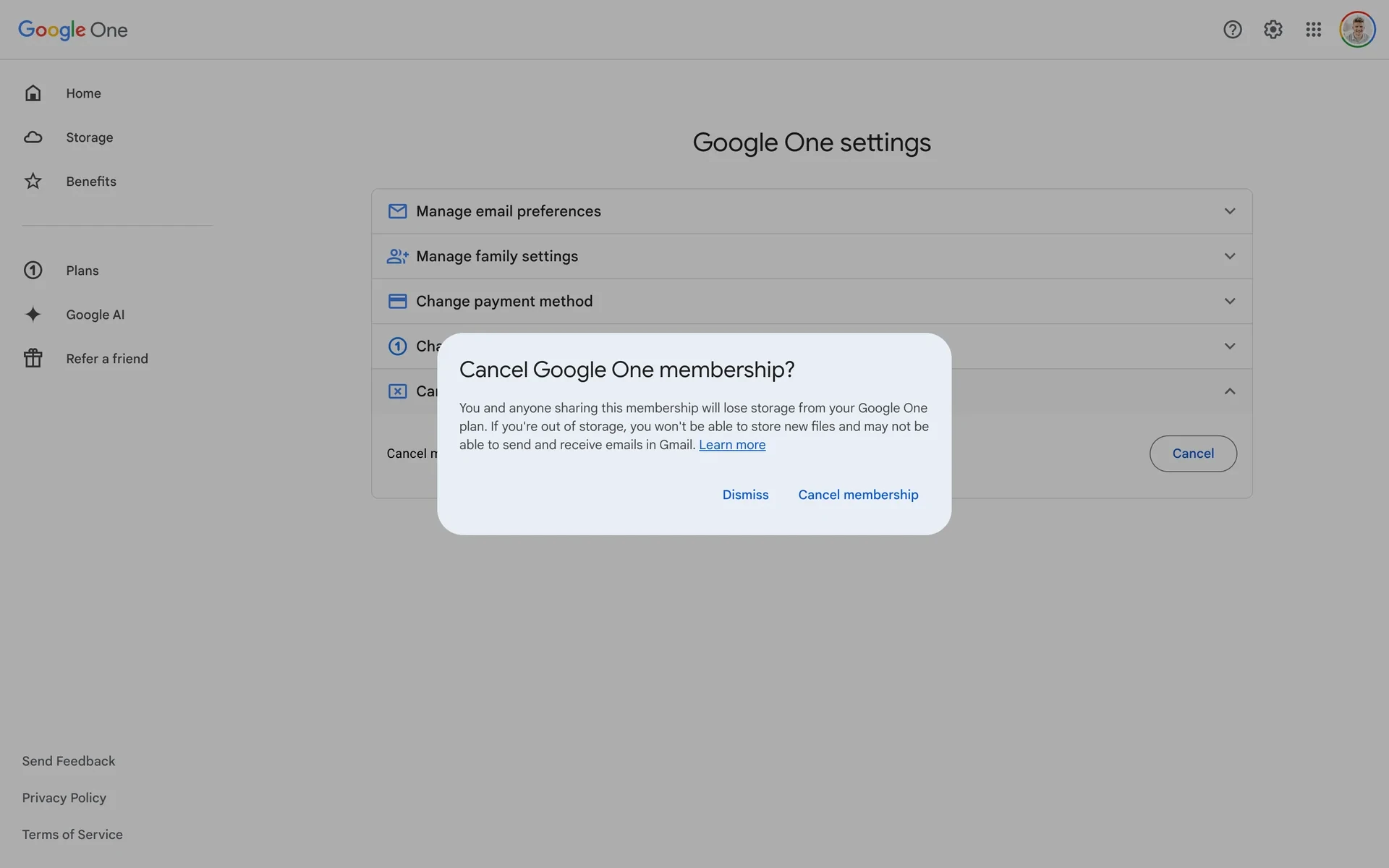 Cancel Google One membership confirmation dialog warning about losing storage, with Dismiss and Cancel membership buttons