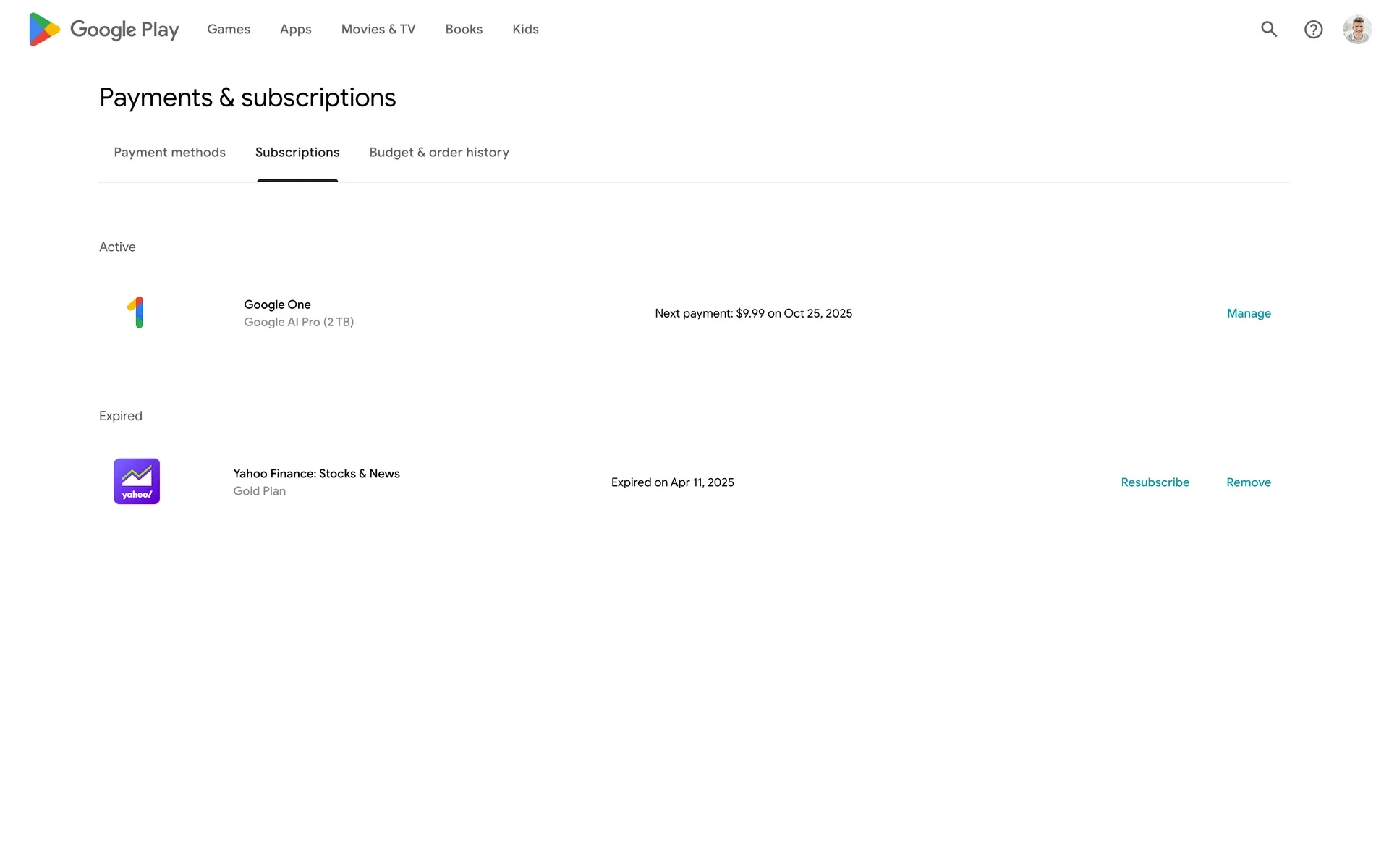 Google Play Payments and subscriptions page showing an active Google One — Google AI Pro subscription with a Manage link