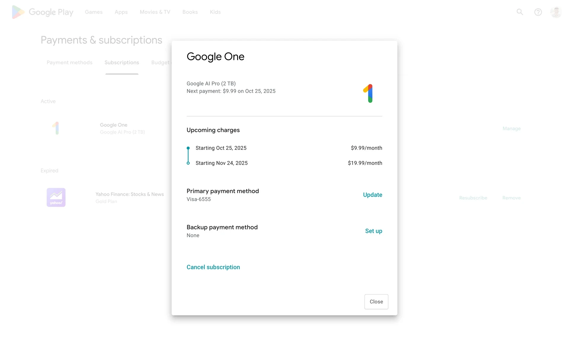 Google One subscription detail panel in Google Play showing upcoming charges and a Cancel subscription link