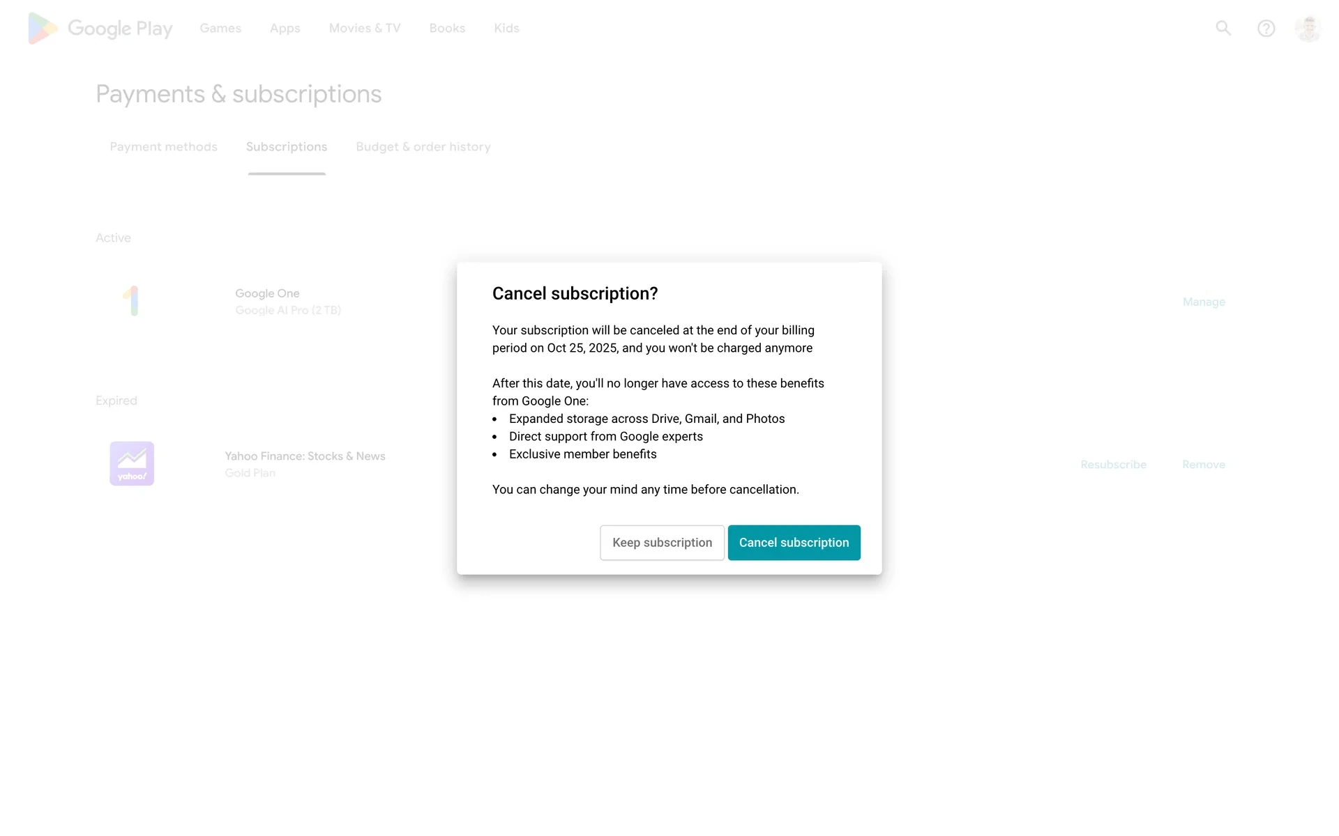 Cancel subscription dialog stating the plan ends at the end of the billing period, with Keep subscription and Cancel subscription buttons