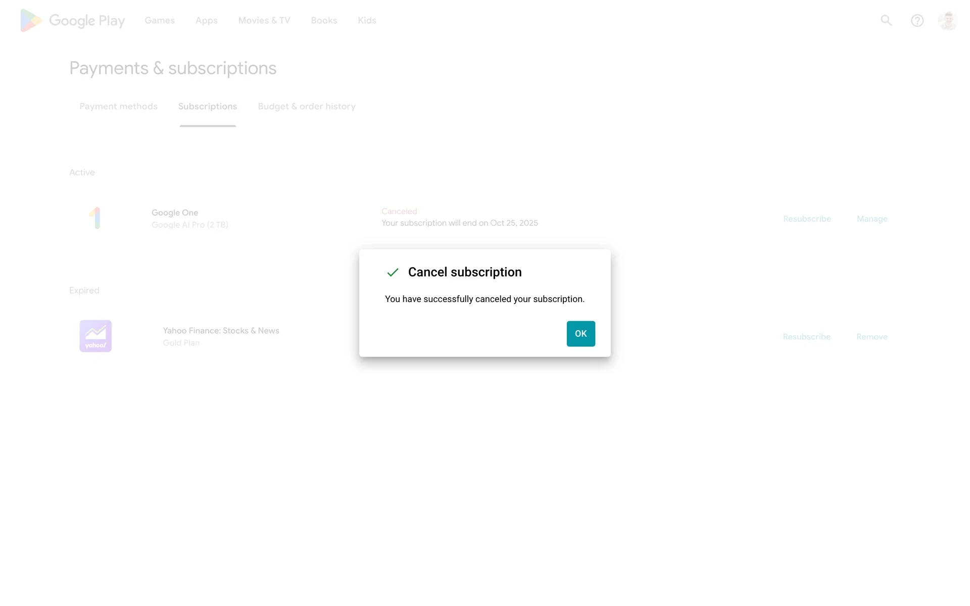 Success dialog reading You have successfully canceled your subscription with an OK button