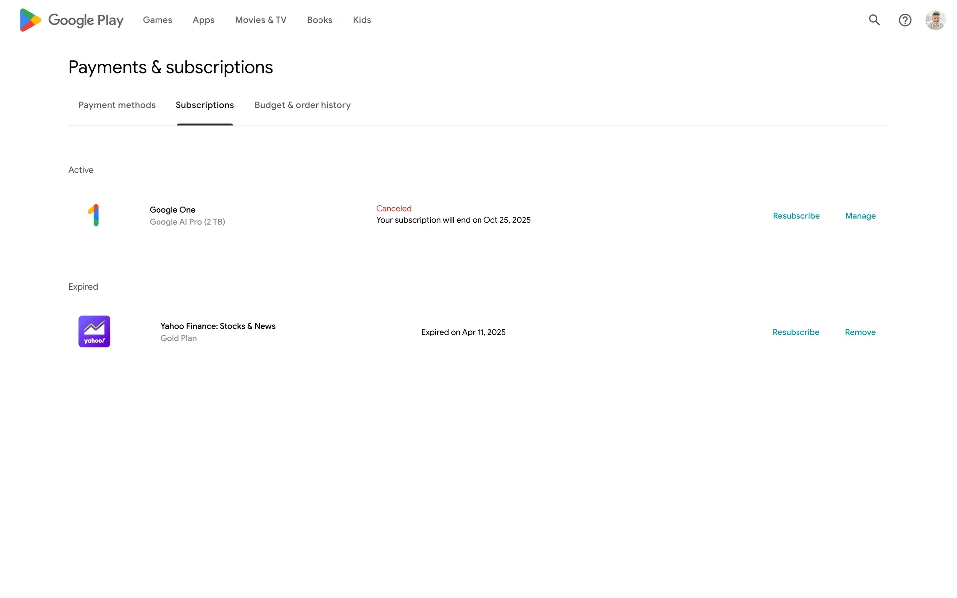 Google Play subscriptions list showing Google One marked Canceled with the end date and a Resubscribe link