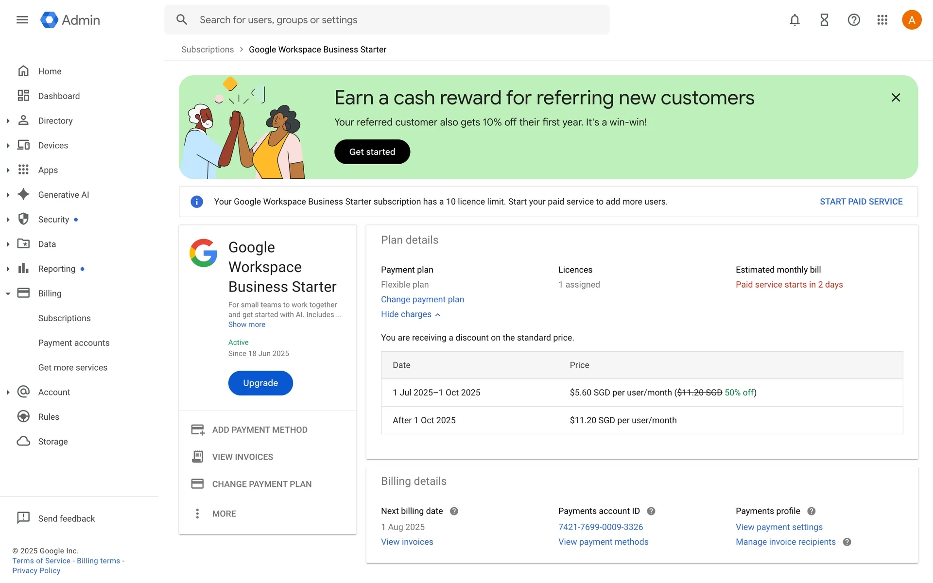 Google Workspace Business Starter subscription detail page in the Admin console showing plan details, charges, and the left-hand action card