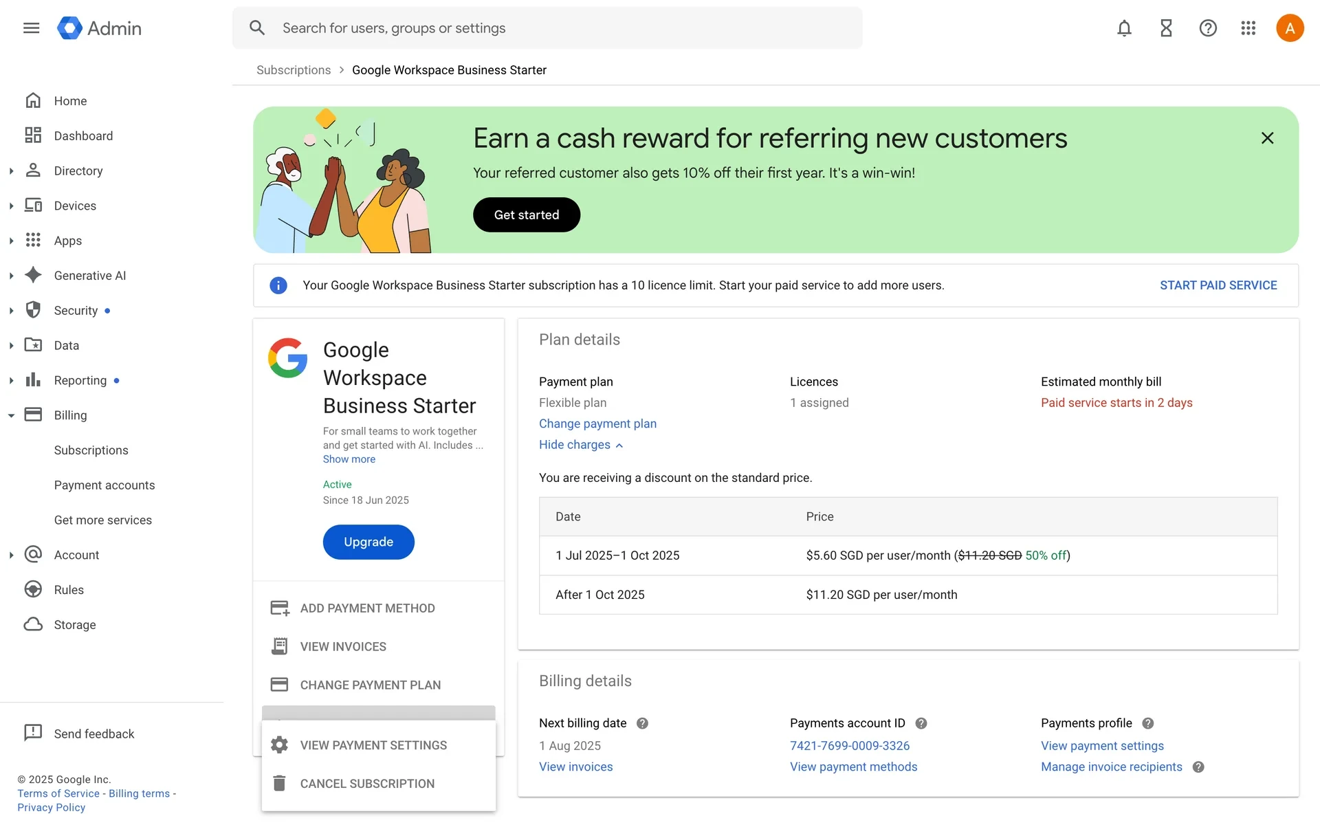 The More menu expanded on the subscription card showing View payment settings and Cancel subscription options