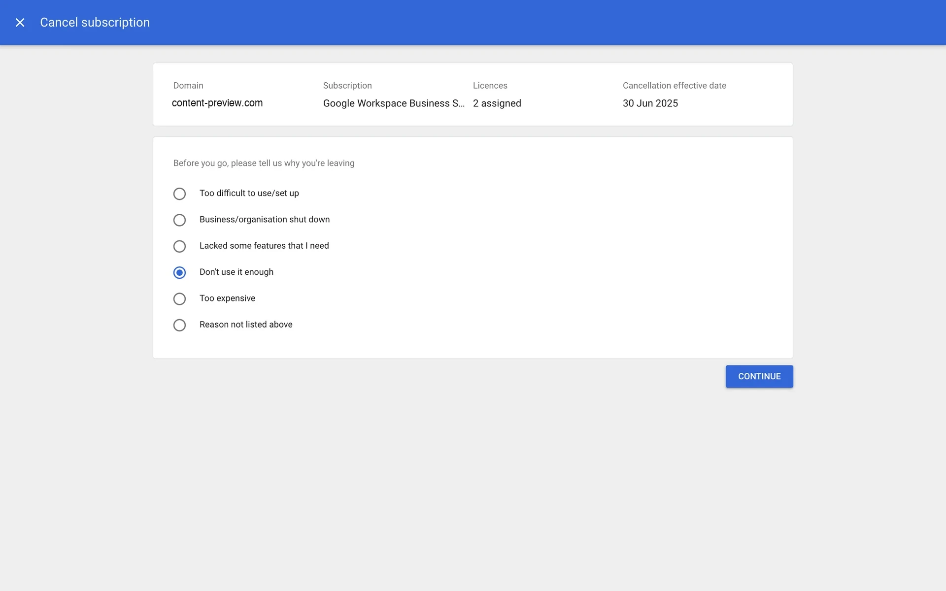 Cancel subscription survey asking why you are leaving, with Do not use it enough selected and a Continue button