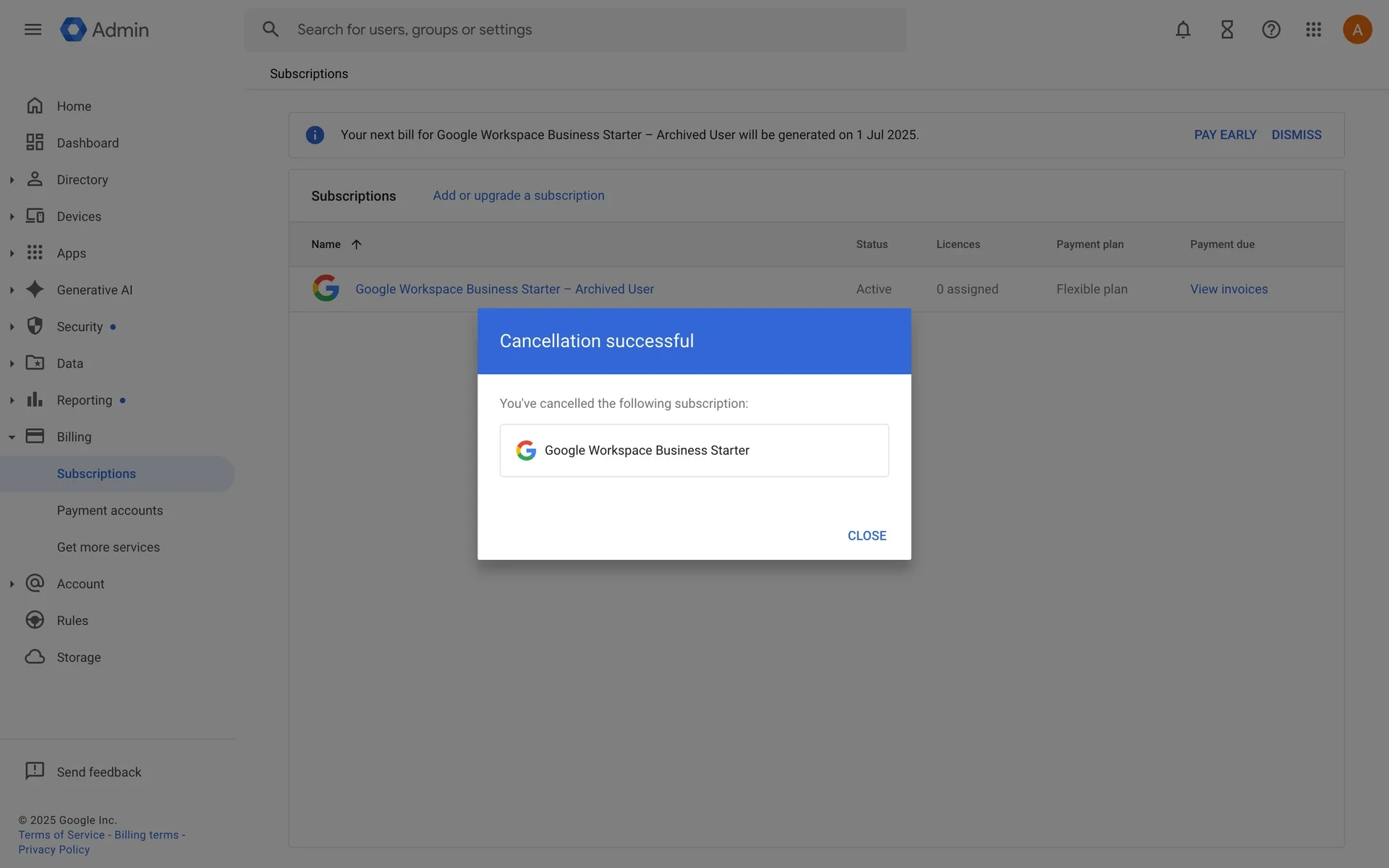 Cancellation successful dialog confirming the Google Workspace Business Starter subscription was canceled