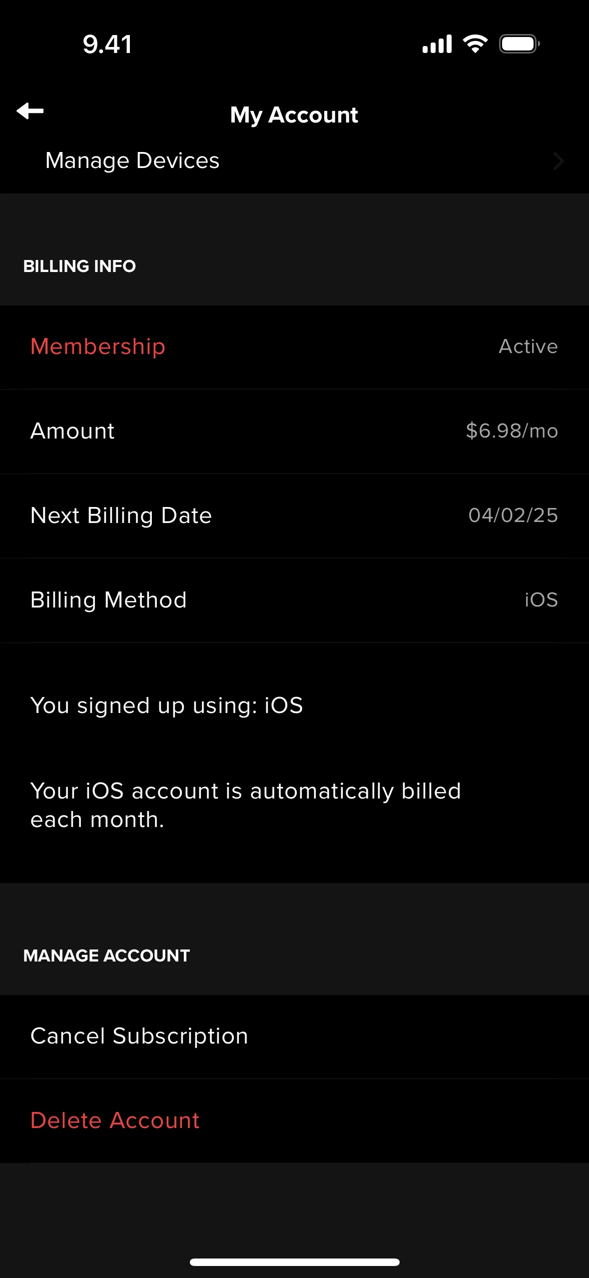 GoPro Quik My Account screen showing Billing Info with Membership Active, Amount $6.98/mo, Next Billing Date 04/02/25, Billing Method iOS, the note "You signed up using: iOS", and a Manage Account section with Cancel Subscription and Delete Account options