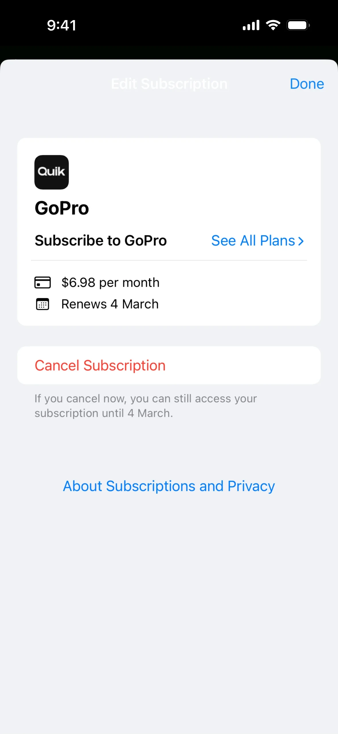 Apple Edit Subscription sheet for GoPro via the Quik app showing $6.98 per month, a renewal date of 4 March, a red Cancel Subscription button, and the note that access continues until 4 March if you cancel now