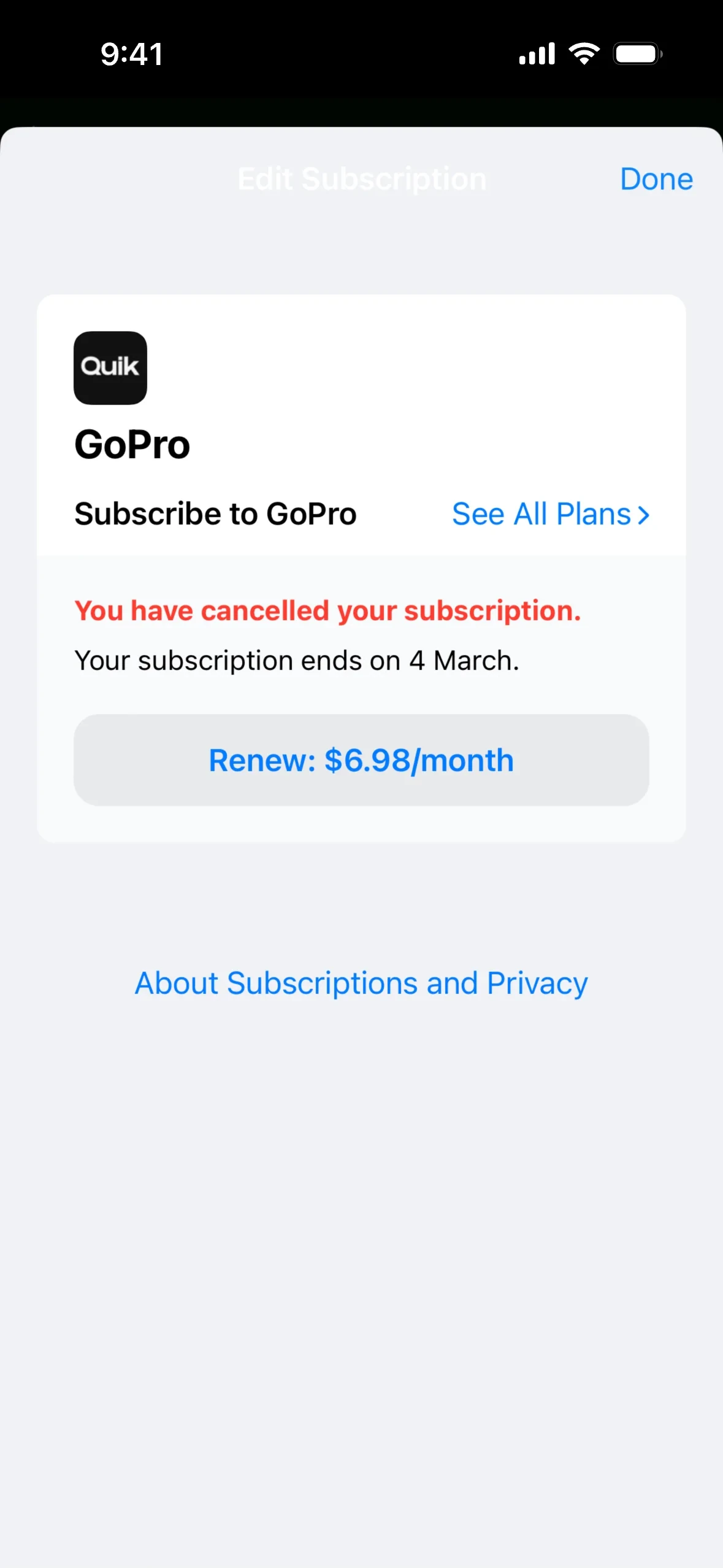 Apple subscription sheet confirming "You have cancelled your subscription" with the subscription ending on 4 March and a Renew: $6.98/month button