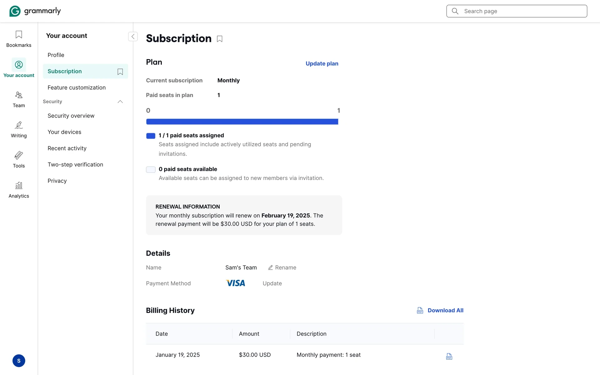 Grammarly Subscription page under Your account: Plan section with Current subscription Monthly, Paid seats in plan 1 and an Update plan link, a Renewal Information box reading "Your monthly subscription will renew on February 19, 2025. The renewal payment will be $30.00 USD for your plan of 1 seats.", then Details with the team name and a Visa card, and Billing History