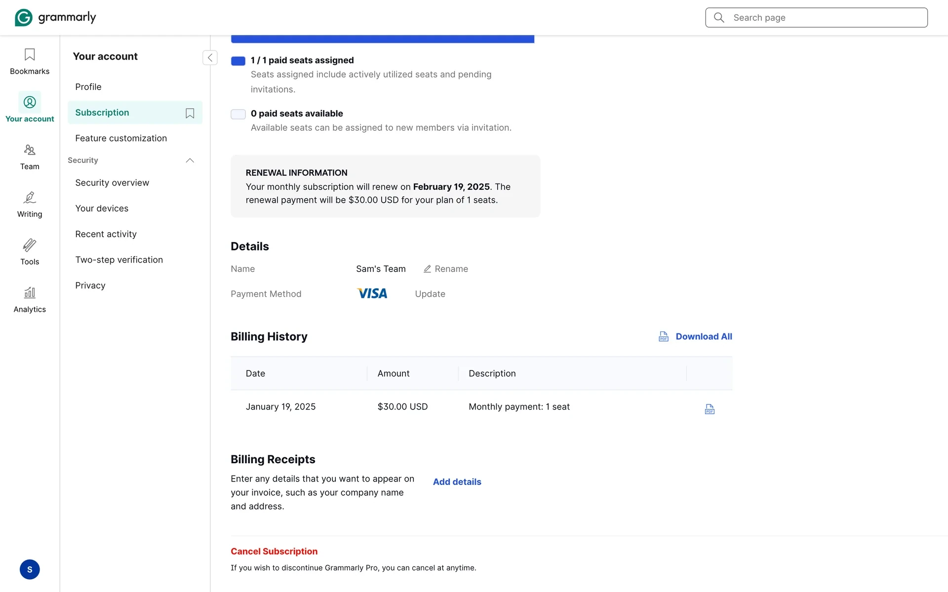 Bottom of the Grammarly Subscription page with Billing History, Billing Receipts and an Add details link, and below them a red Cancel Subscription link above the text "If you wish to discontinue Grammarly Pro, you can cancel at anytime."