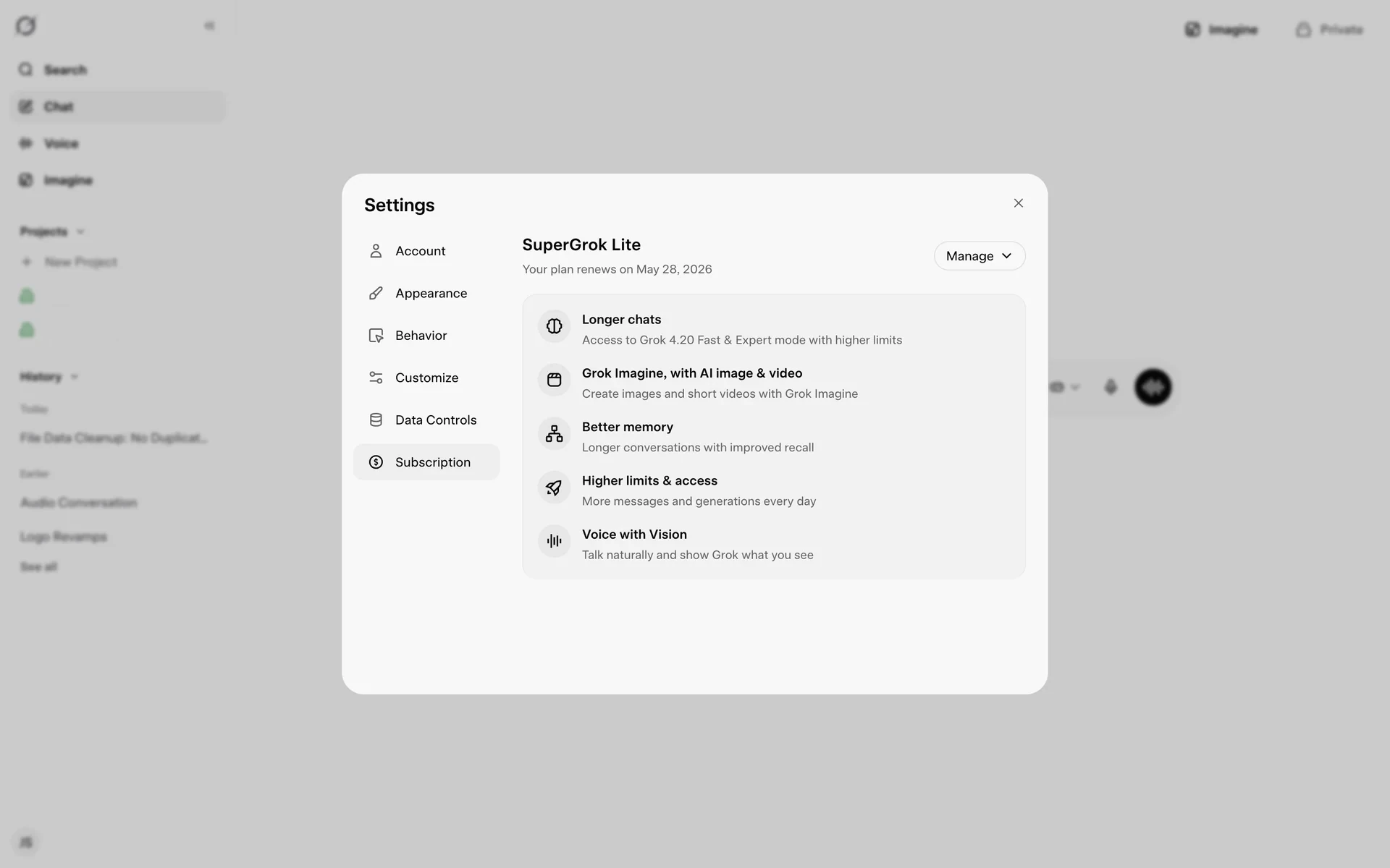 Grok Settings modal on the Subscription tab showing a SuperGrok Lite plan with "Your plan renews on May 28, 2026", a benefits list including Longer chats and Grok Imagine, and a Manage dropdown button in the top-right