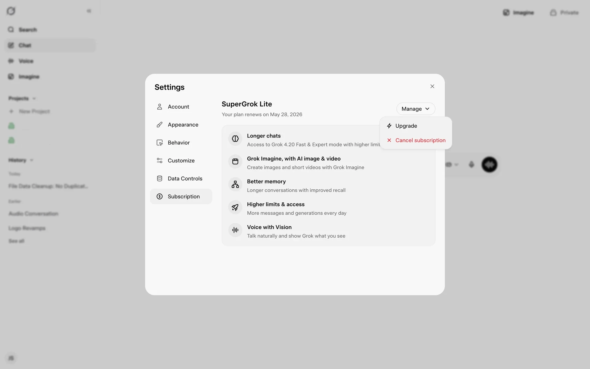 The Manage dropdown expanded on the Grok Subscription tab, showing an Upgrade option and a red Cancel subscription option