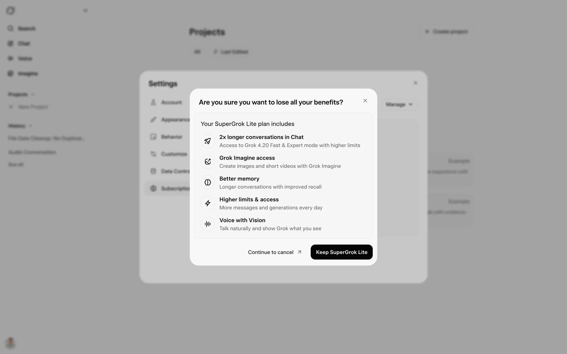 Grok cancellation save screen headed "Are you sure you want to lose all your benefits?" listing five SuperGrok Lite plan benefits, with a plain Continue to cancel link next to a dark Keep SuperGrok Lite button