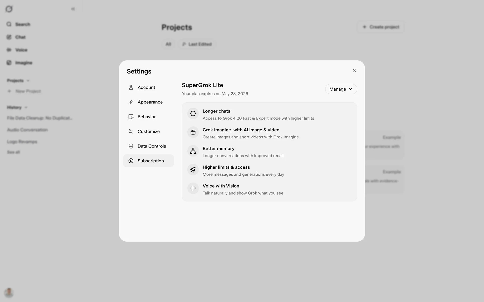 Grok Subscription tab after cancellation showing SuperGrok Lite with "Your plan expires on May 28, 2026" and the benefits list still visible