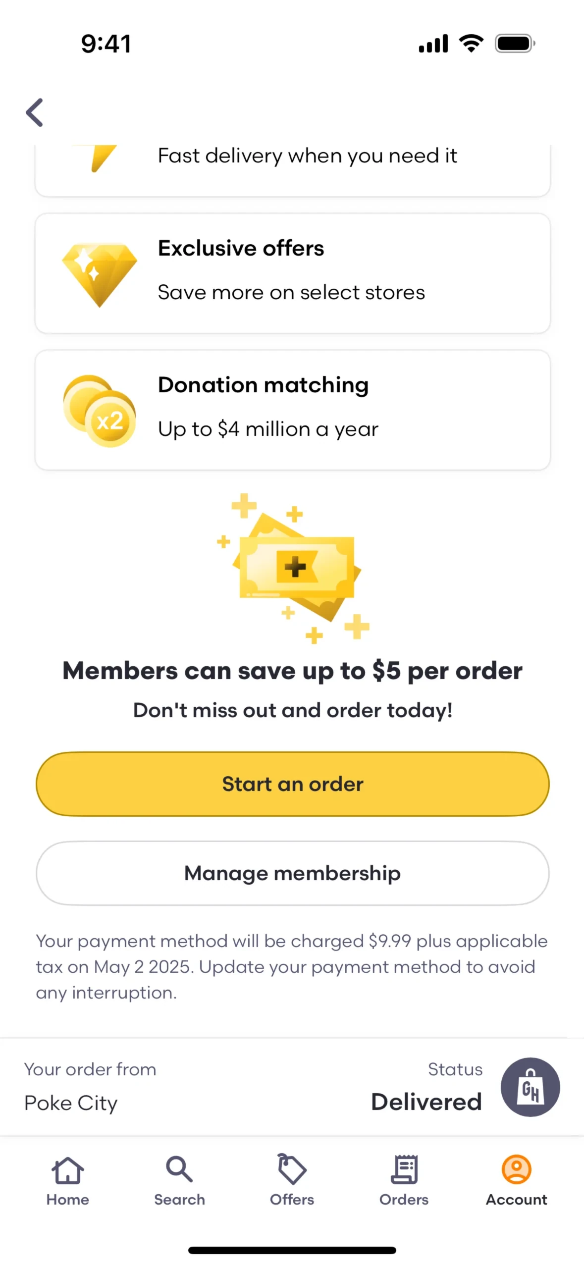 Grubhub+ benefits page scrolled to the bottom, showing a "Members can save up to $5 per order" panel, a yellow Start an order button, a Manage membership button, and fine print reading "Your payment method will be charged $9.99 plus applicable tax on May 2 2025"