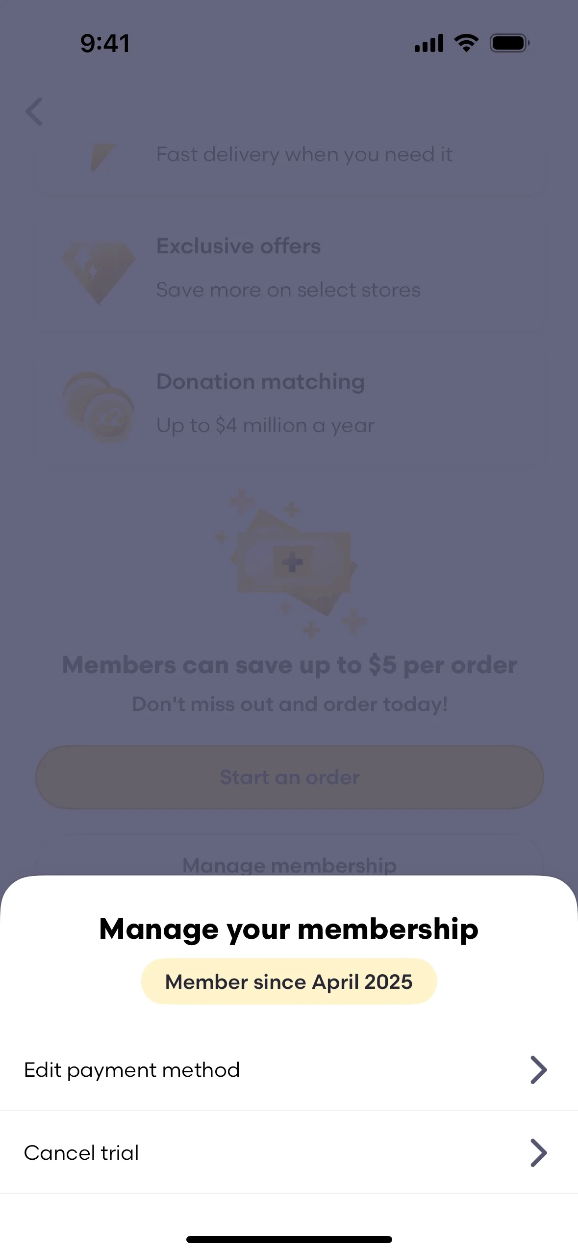 Grubhub "Manage your membership" bottom sheet with a "Member since April 2025" badge and two rows, Edit payment method and Cancel trial, each with a chevron