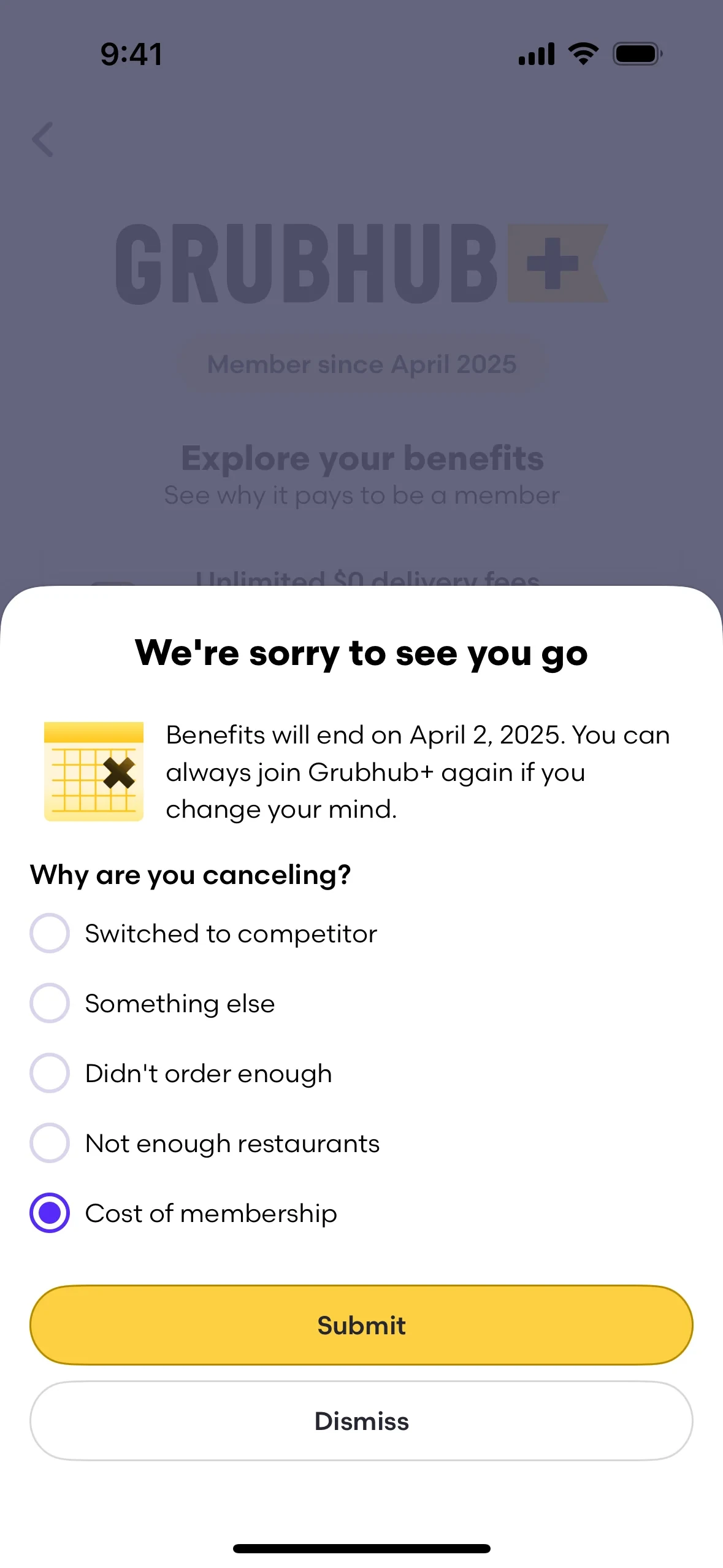The same cancellation survey with the "Cost of membership" radio selected and filled in purple, and the Submit button now active and yellow