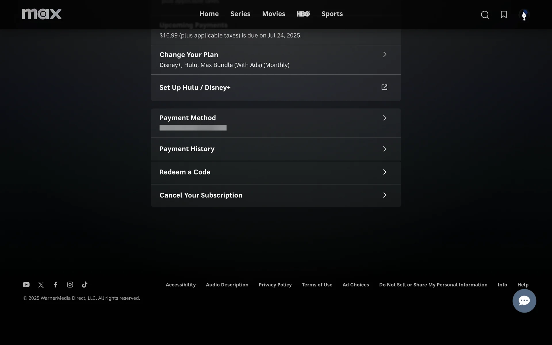 Max Subscription page showing an upcoming payment for the Disney+, Hulu, Max Bundle (With Ads), a Change Your Plan card, Payment Method, Payment History, Redeem a Code rows, and the Cancel Your Subscription row at the bottom
