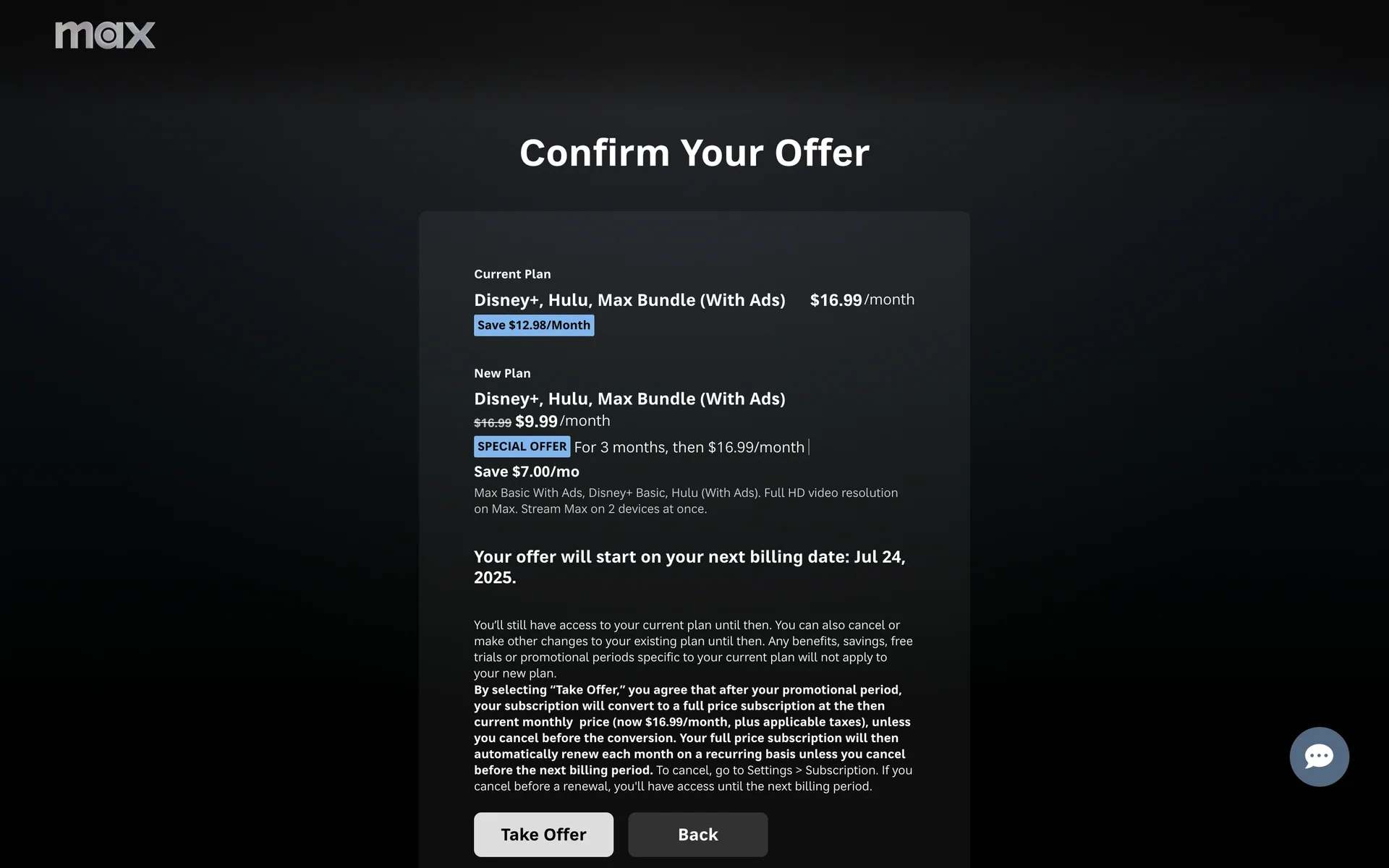 Max Confirm Your Offer page showing the current Disney+, Hulu, Max Bundle (With Ads) plan at $16.99 per month and a New Plan at $9.99 per month for 3 months then $16.99 per month, with Take Offer and Back buttons at the bottom