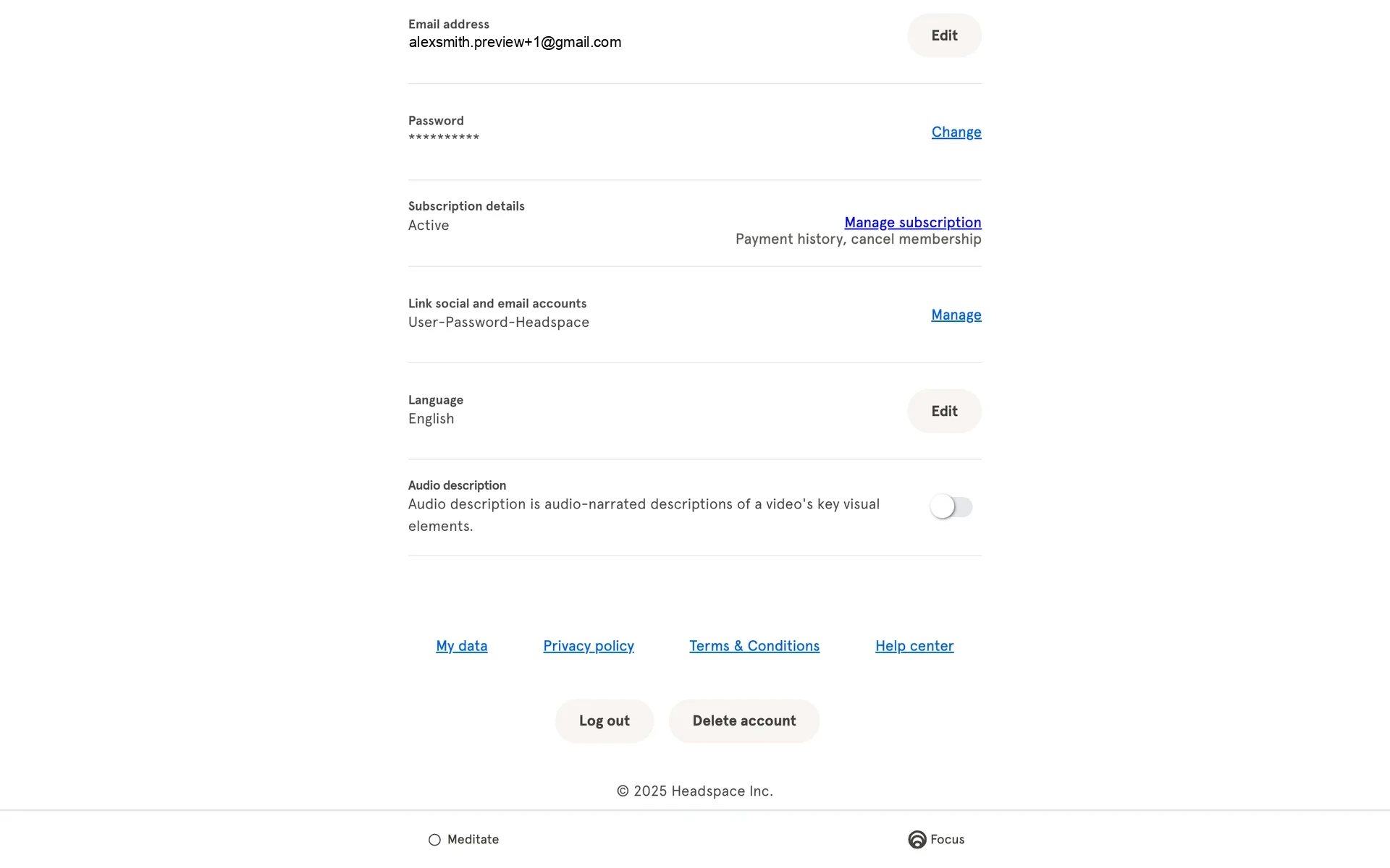 Headspace account settings showing Subscription details as Active with a blue Manage subscription link and Payment history, cancel membership subtext, plus Log out and Delete account buttons at the bottom