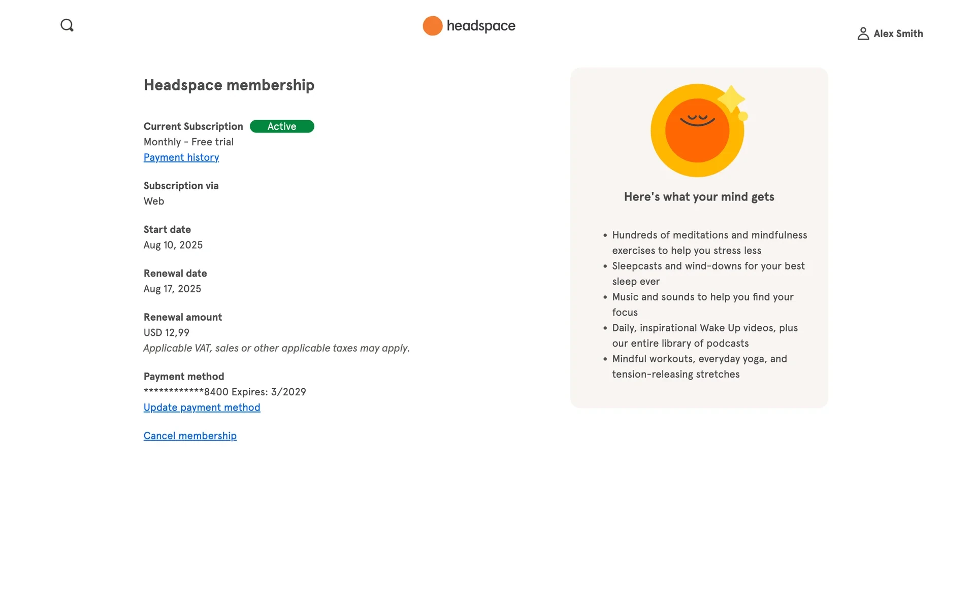 Headspace membership page showing Monthly Free trial with a green Active badge, Subscription via Web, renewal amount, payment method, and a blue Cancel membership link under the membership details