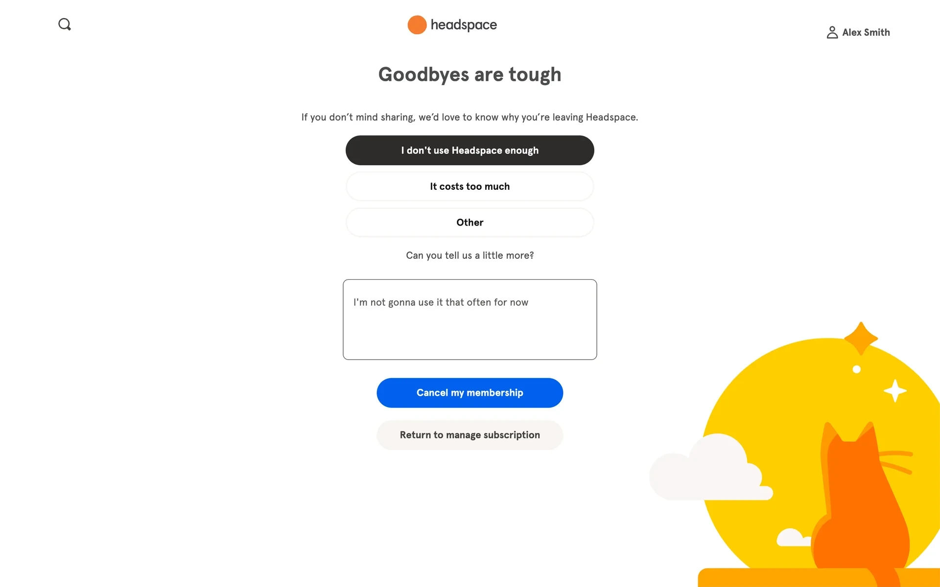 Headspace cancellation survey with I don't use Headspace enough selected, a filled feedback box, and the blue Cancel my membership button below