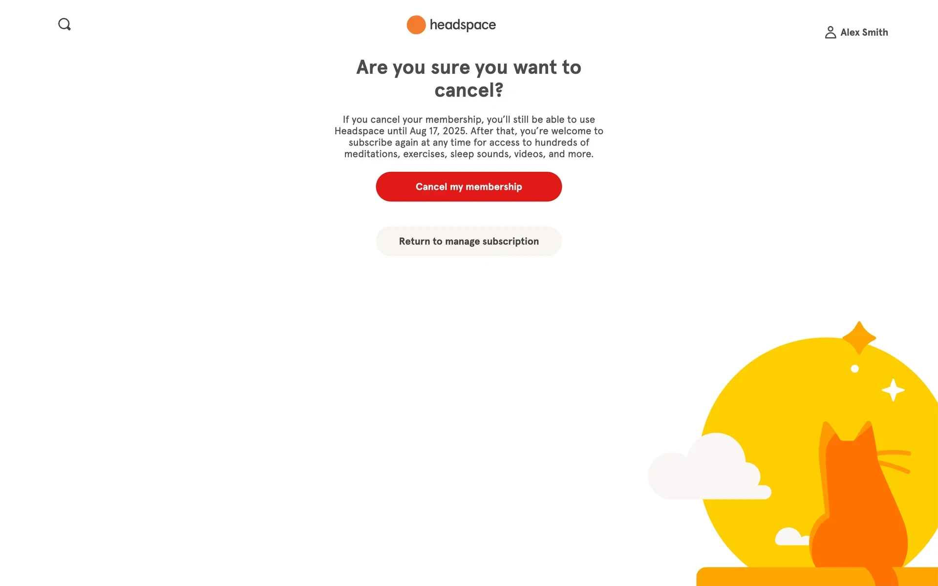 Headspace Are you sure you want to cancel confirmation stating access continues until a listed date, with a red Cancel my membership button and a grey Return to manage subscription button