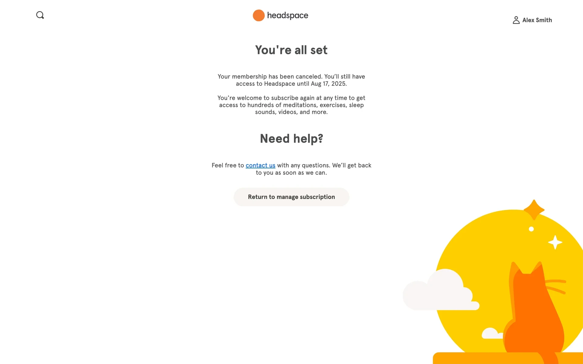 Headspace You're all set confirmation stating the membership has been canceled with access until a listed date, a contact us link under Need help, and a Return to manage subscription button