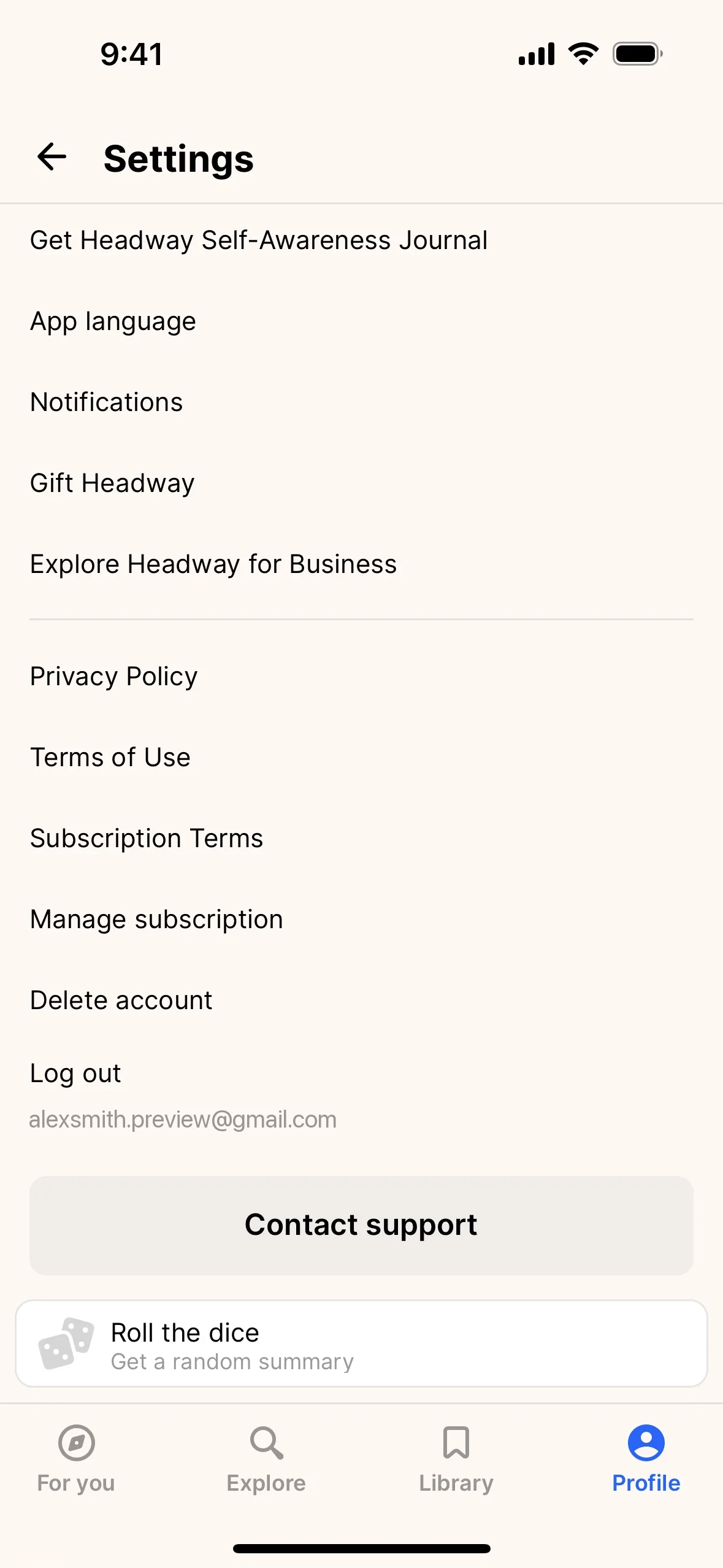 Headway iOS Settings screen listing App language, Gift Headway, Privacy Policy, Subscription Terms, Manage subscription, Delete account, and a Contact support button