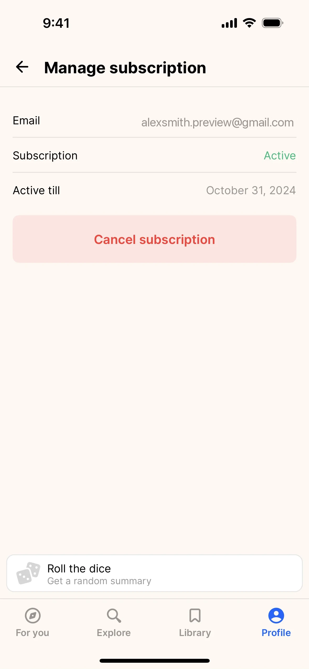Headway Manage subscription screen showing Subscription Active, an Active till date, and a red Cancel subscription button