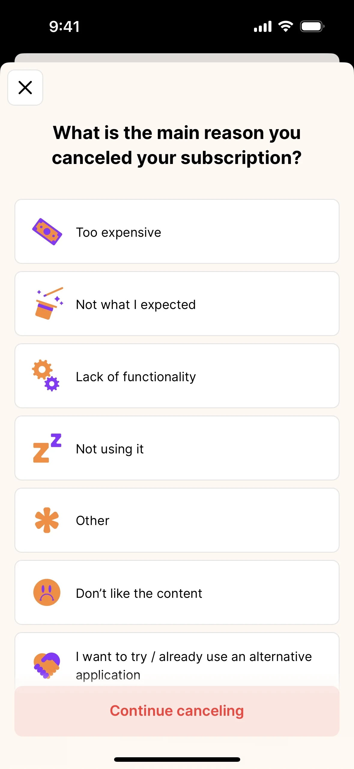Headway exit survey asking the main reason for canceling with options like Too expensive, Not what I expected, Lack of functionality, and a Continue canceling button