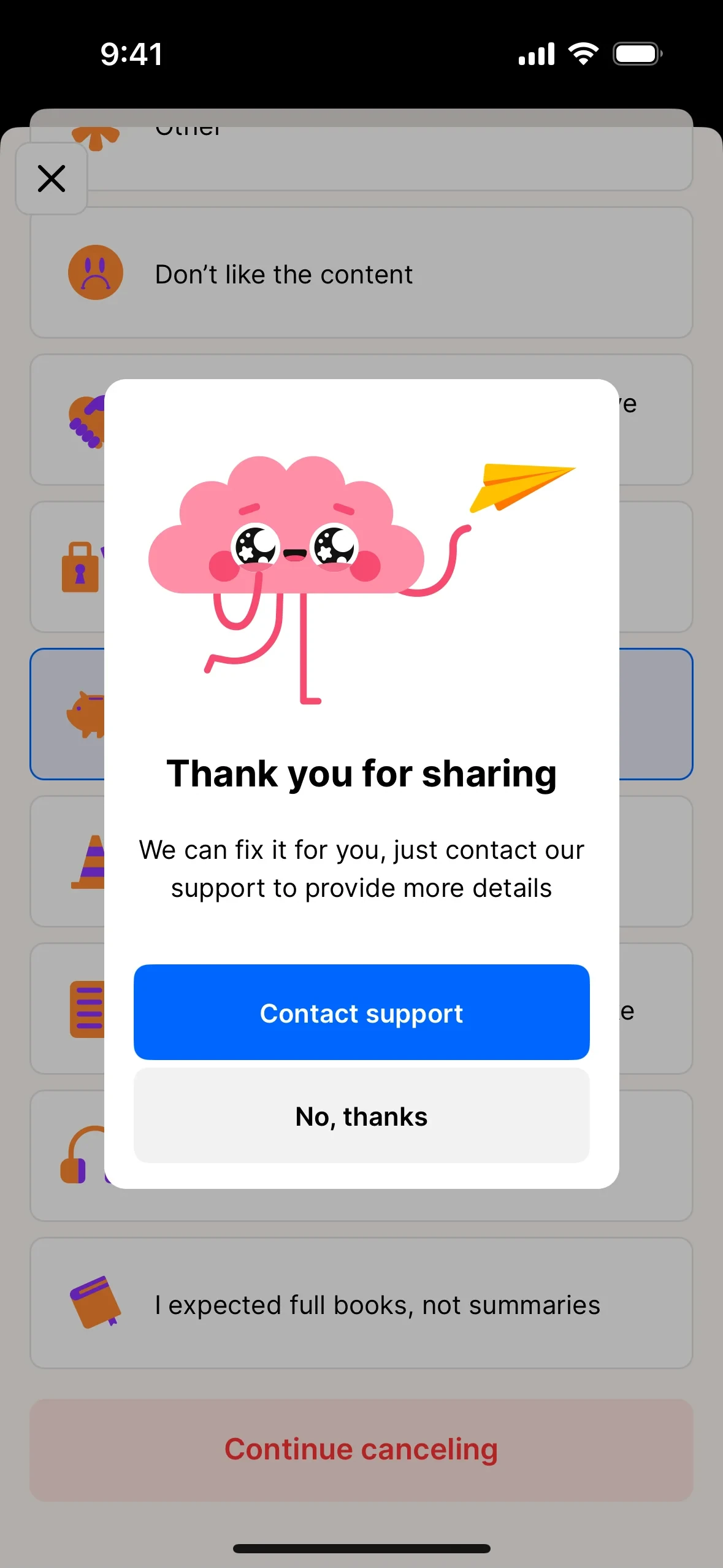 Headway pop-up saying Thank you for sharing, we can fix it for you, with a prominent blue Contact support button above a No, thanks button