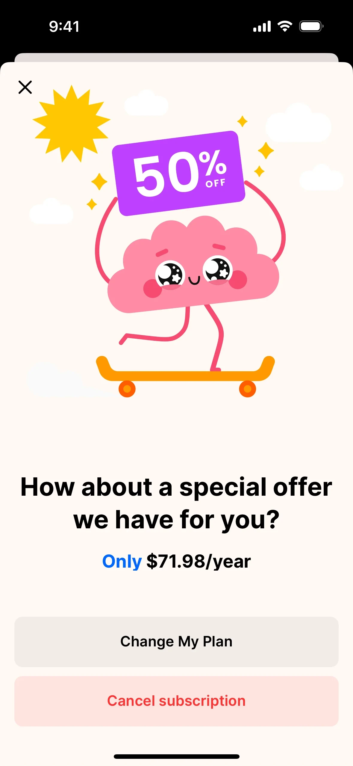Headway retention screen with a 50% off badge offering a discounted plan at $71.98 per year, with Change My Plan and Cancel subscription buttons