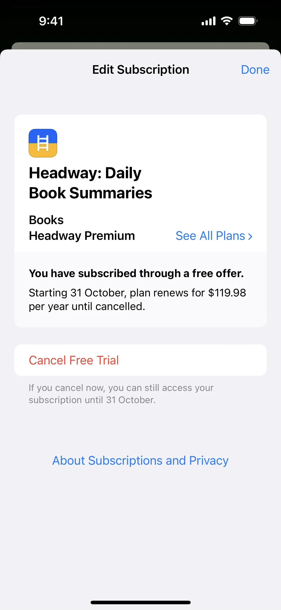 Apple's Edit Subscription sheet for Headway showing a free-trial notice, a renewal price per year, and a Cancel Free Trial button