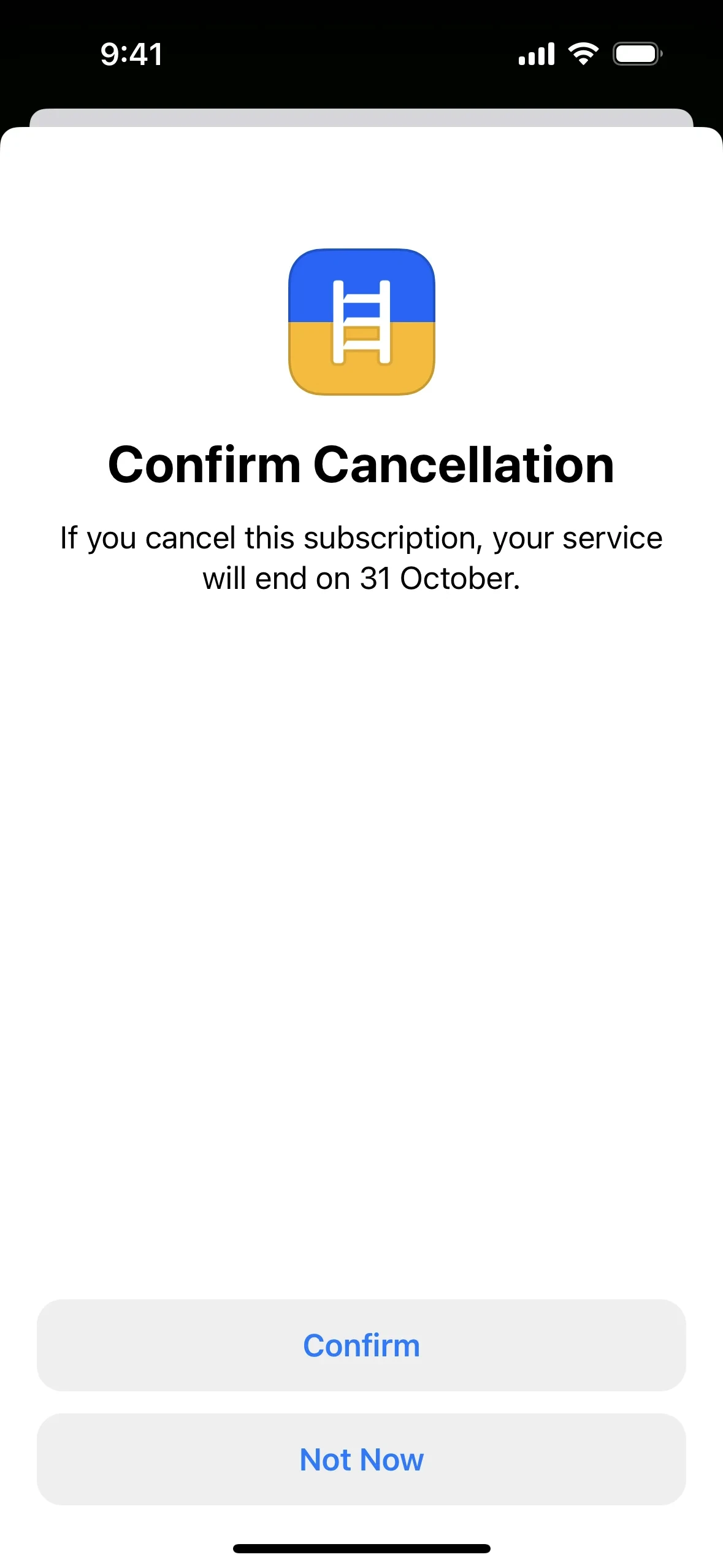Apple Confirm Cancellation dialog stating the service will end on the billing date, with Confirm and Not Now buttons