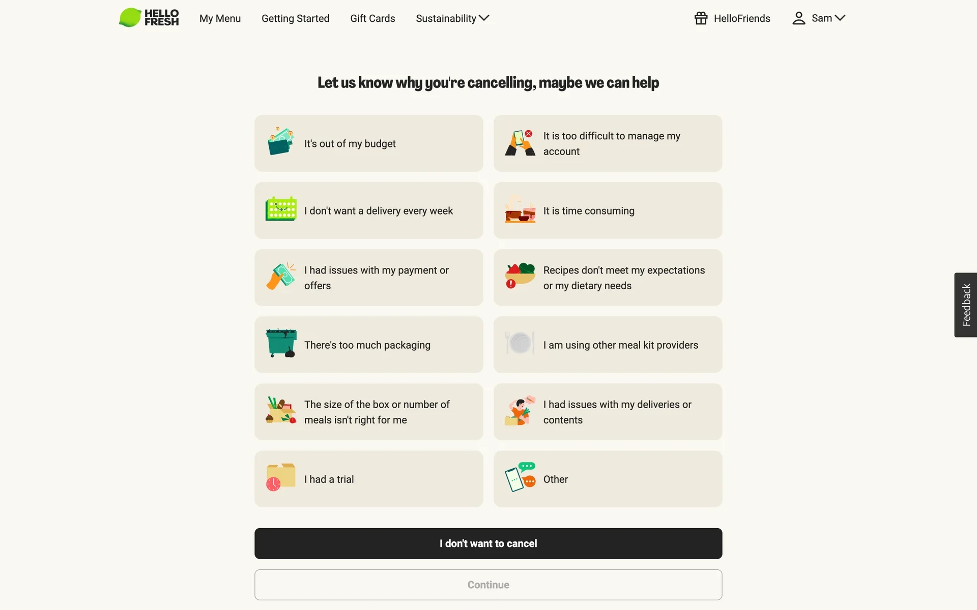 HelloFresh cancellation reason survey titled "Let us know why you're cancelling, maybe we can help" with twelve reason tiles, a dark "I don't want to cancel" button, and a greyed Continue button