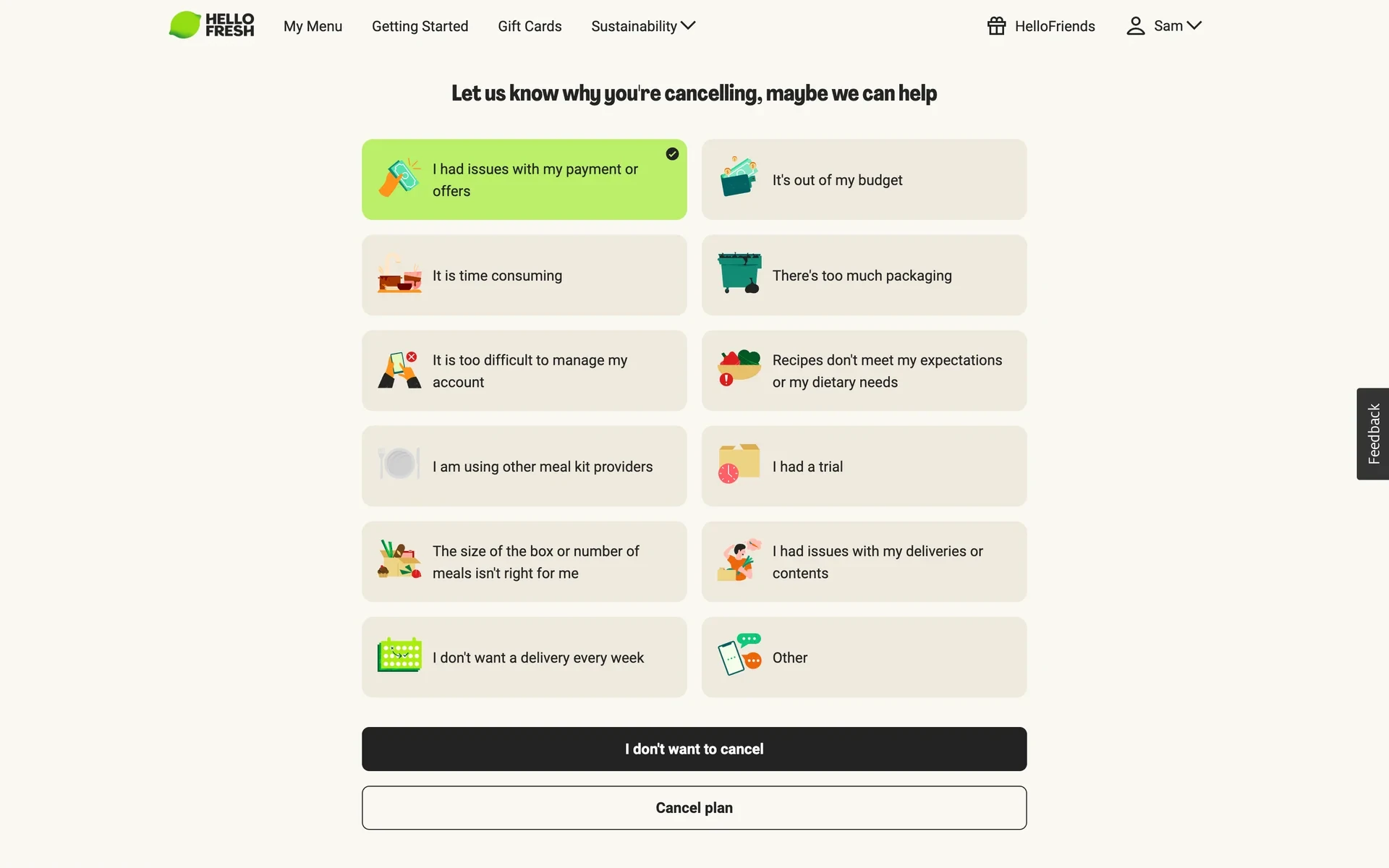 HelloFresh reason survey with "I had issues with my payment or offers" selected and highlighted green, showing the active "Cancel plan" button below the dark "I don't want to cancel" button