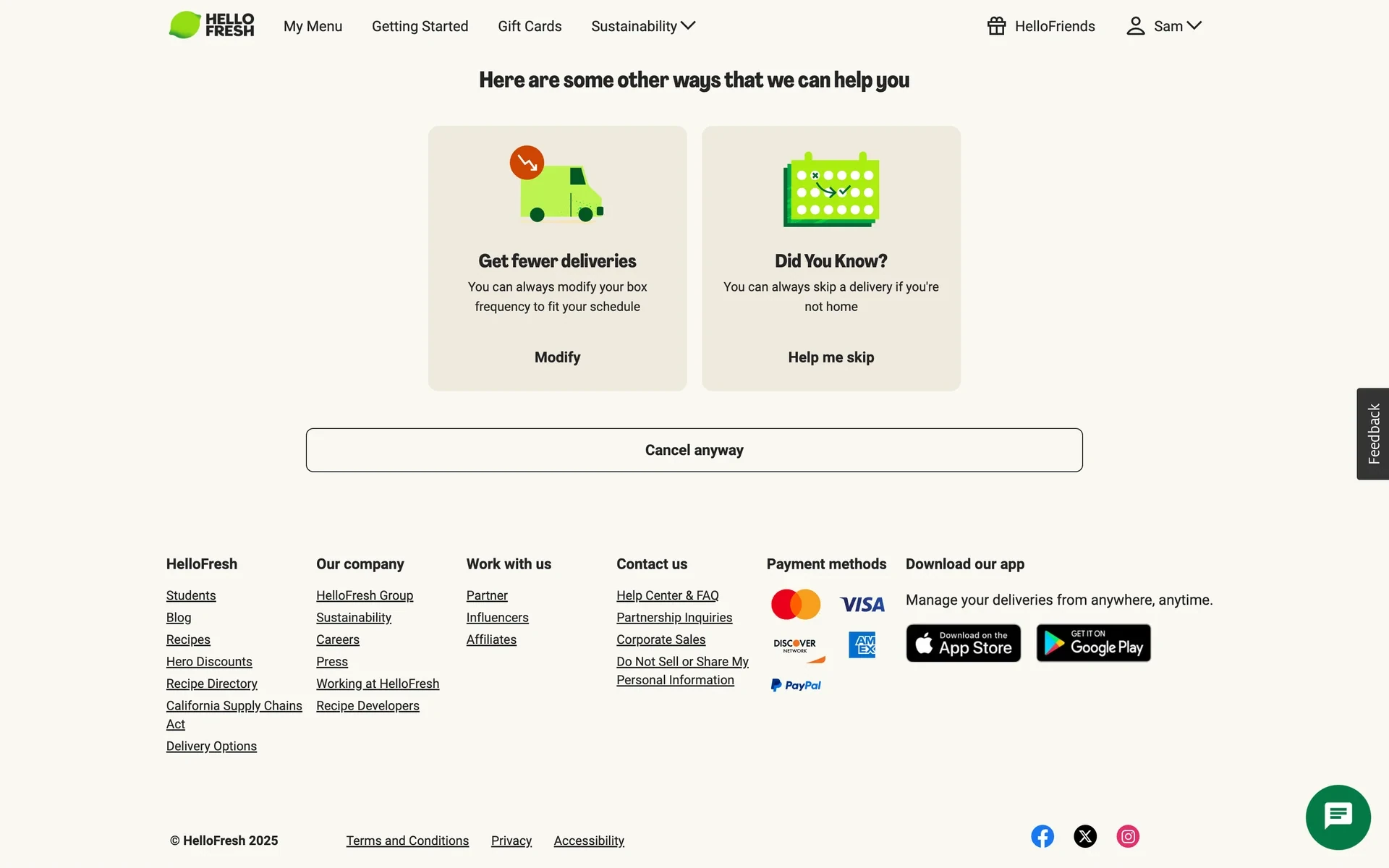 HelloFresh save-offer screen titled "Here are some other ways that we can help you" with "Get fewer deliveries" (Modify) and "Did You Know?" (Help me skip) cards above a full-width "Cancel anyway" button