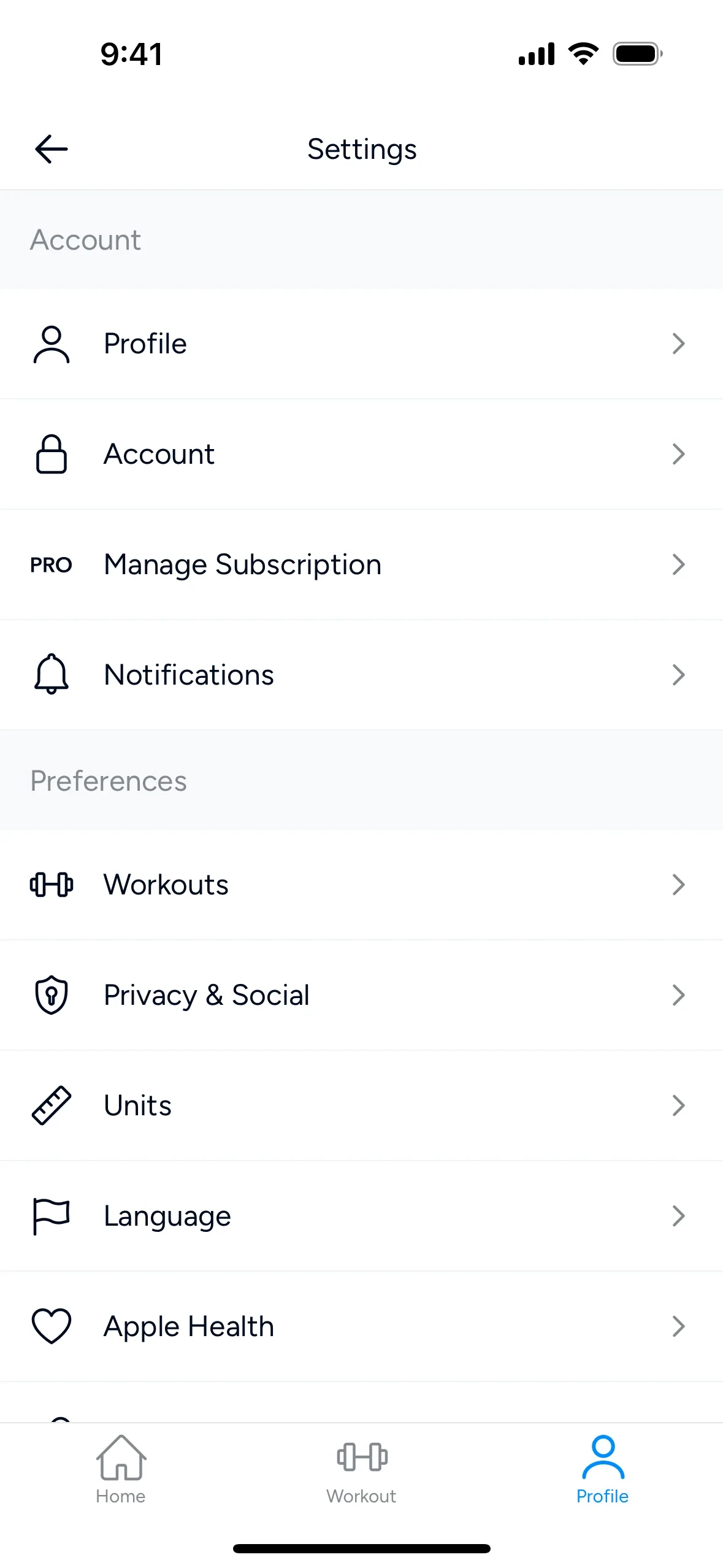 Hevy iOS Settings with Account rows for Profile, Account, PRO Manage Subscription, and Notifications, plus Preferences for Workouts, Privacy & Social, Units, Language, and Apple Health