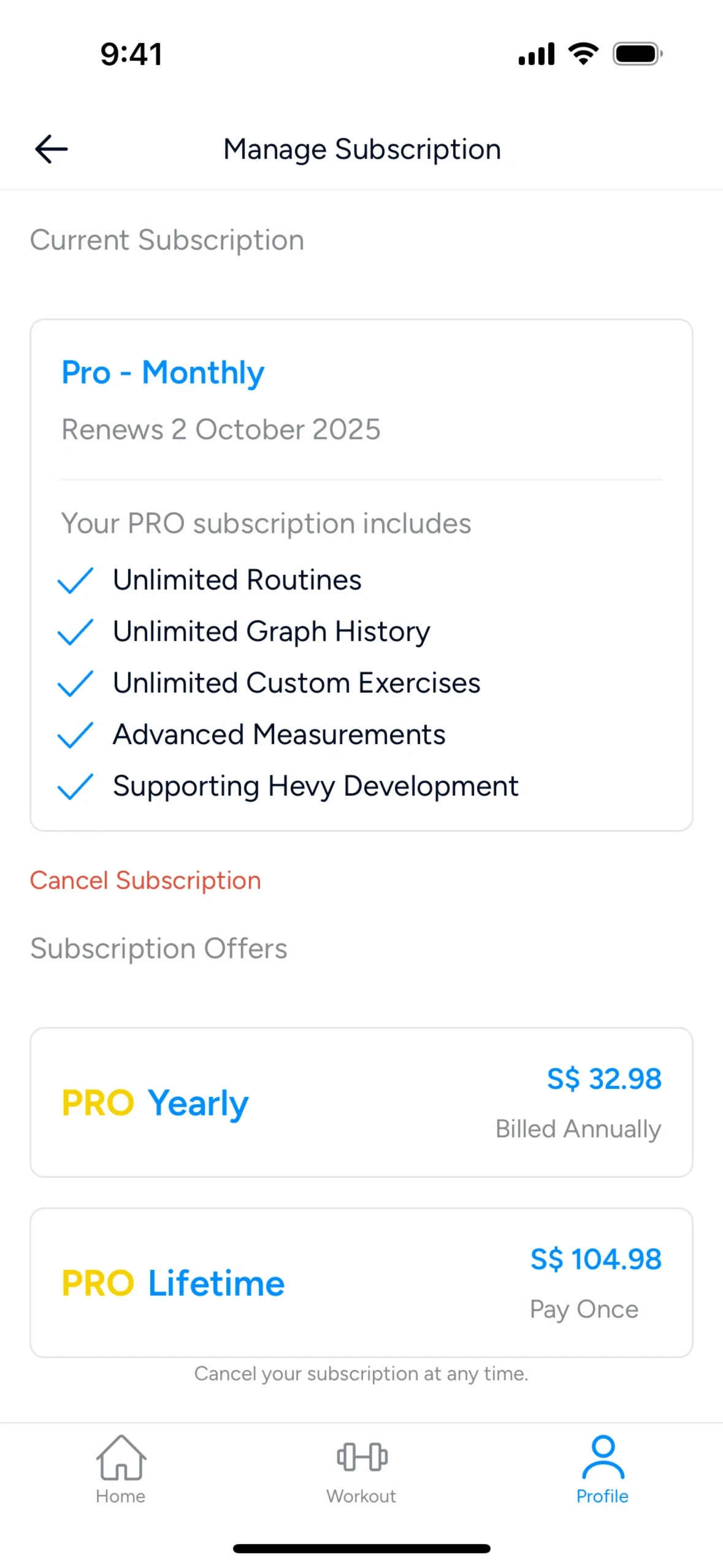 Hevy Manage Subscription showing Current Subscription Pro - Monthly with a renews date, a feature list, a red Cancel Subscription control, and Subscription Offers for PRO Yearly and PRO Lifetime with local-currency prices
