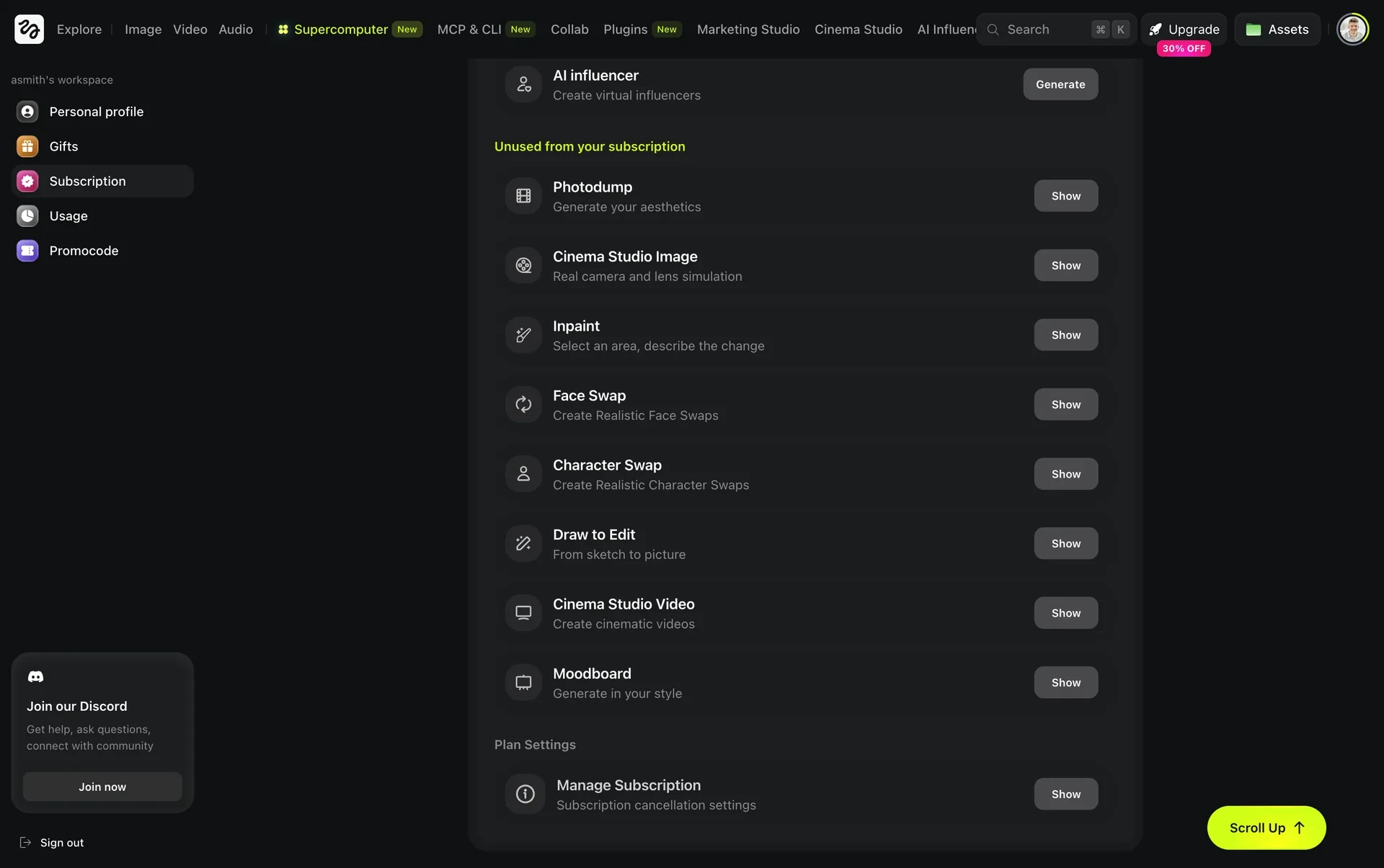 Higgsfield Manage Account on the Subscription tab, showing an Unused from your subscription tool list and a Plan Settings row labeled Manage Subscription / Subscription cancellation settings with a Show button