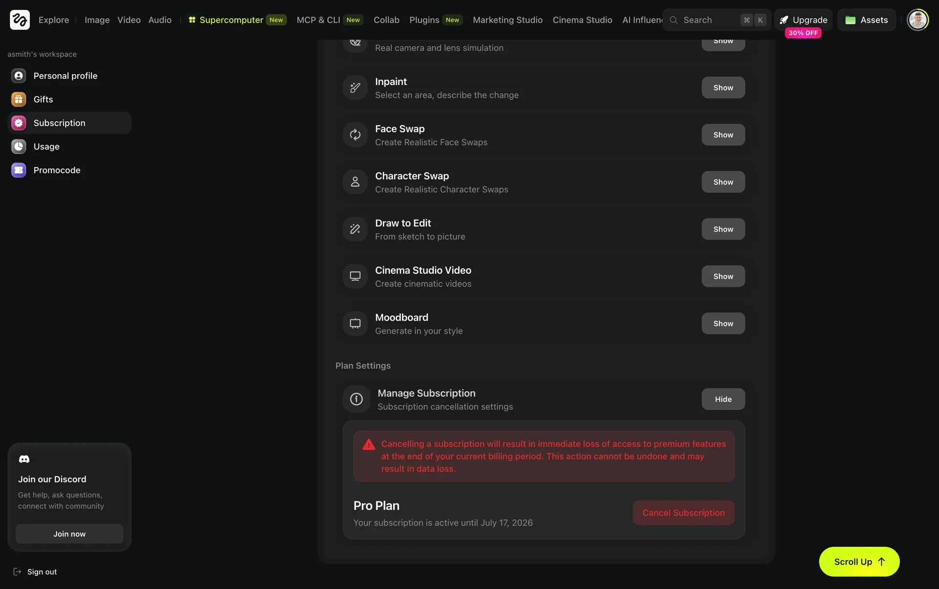 Expanded Plan Settings on a Pro plan (some regions see Basic / Pro / Max instead of Starter / Plus / Ultra) with a red warning that canceling ends premium access at the end of the billing period, the line Your subscription is active until July 17, 2026, and a red Cancel Subscription button