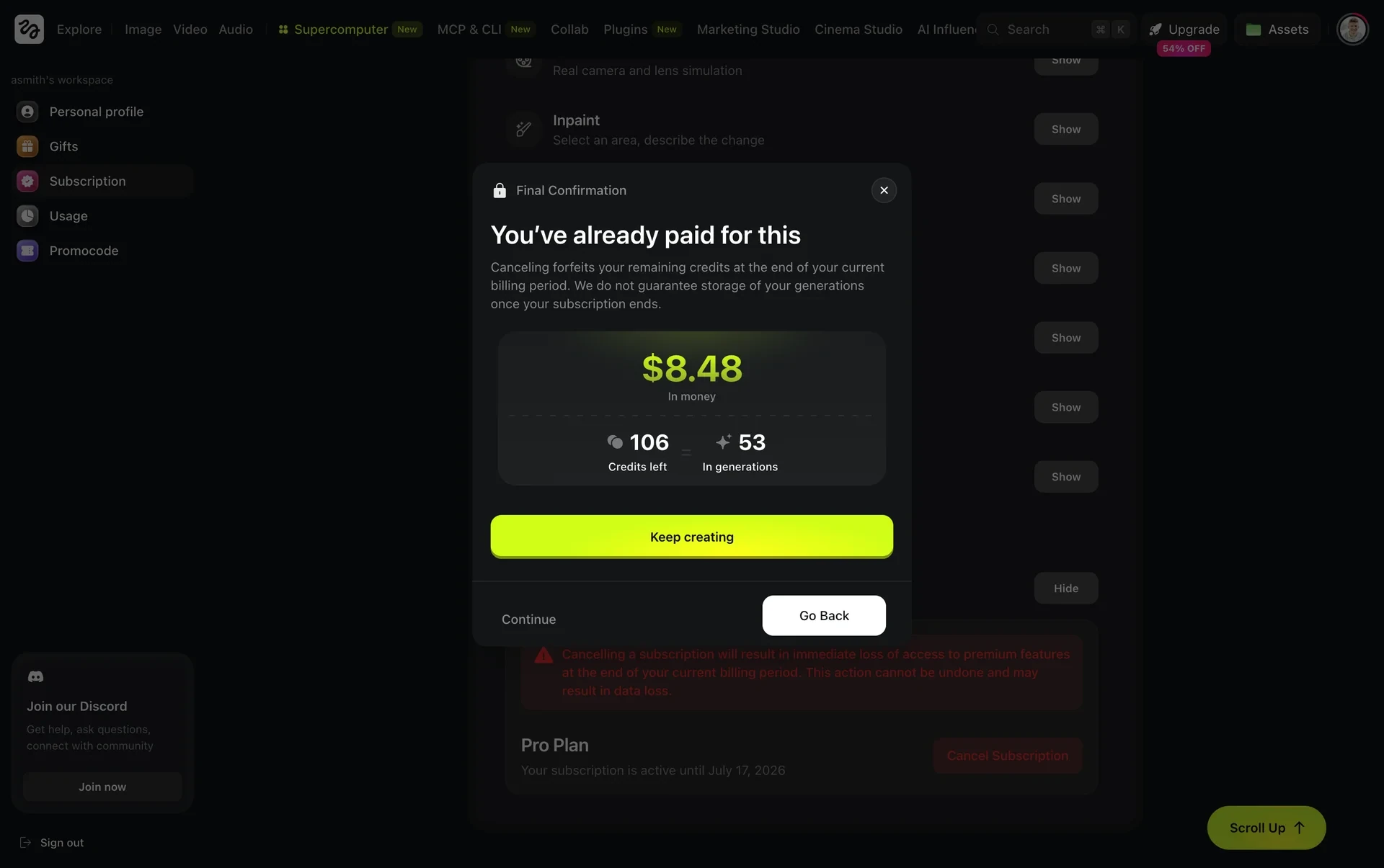 Final Confirmation modal headed You've already paid for this, showing $8.48 in money, 1066 credits left and 53 generations, a yellow Keep creating button, and Continue / Go back